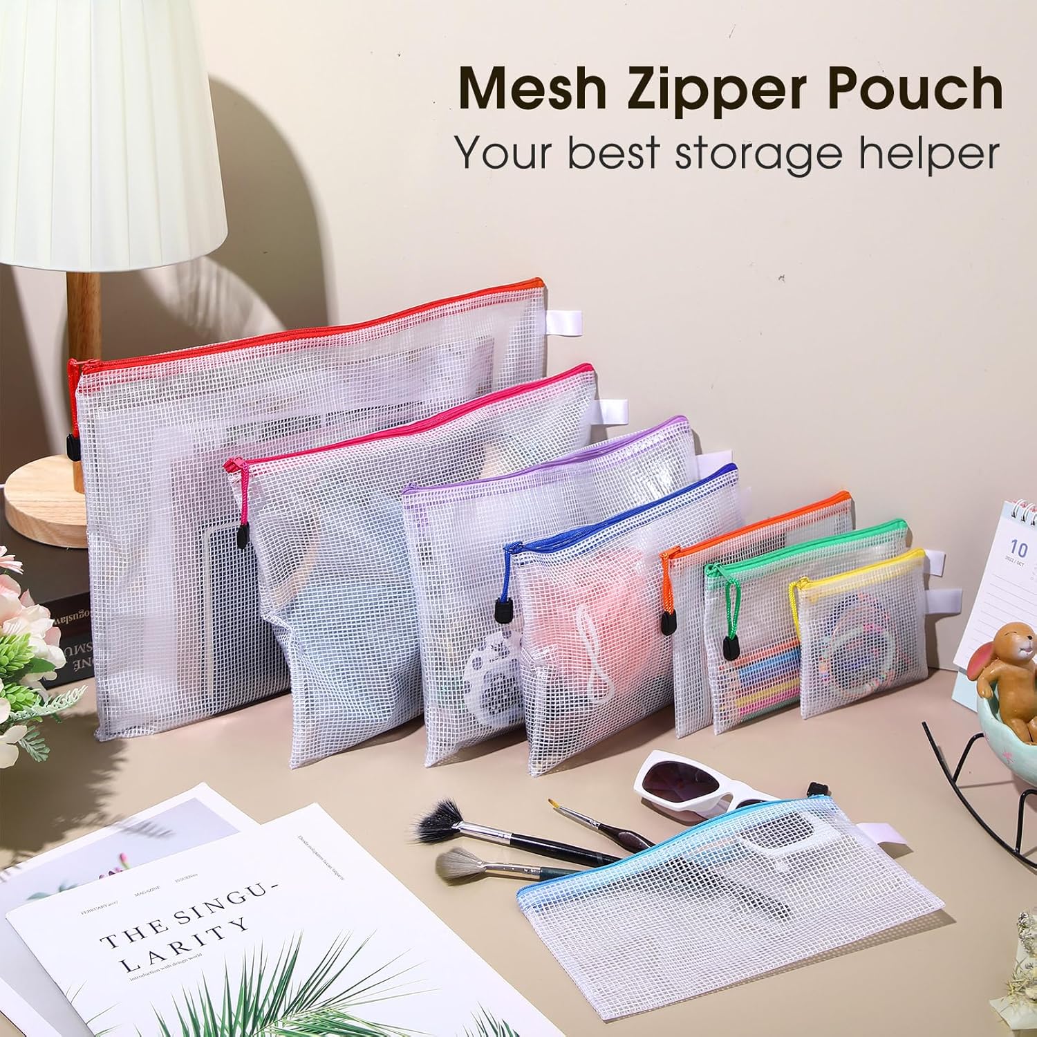 Kisston 150 Pcs Mesh Zipper Pouch Bags Bulk, 8 Sizes Plastic Zipper Bags, 8 Colors Waterproof File Pouches for Organization, Multipurpose Travel Pouches for Travel, Office, Board Game