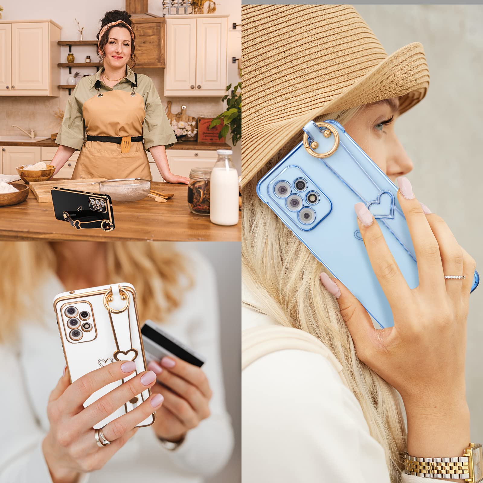 ZTOFERA Compatibile con Samsung Galaxy S22 5G Custodia con cinturino da polso, morbida custodia protettiva in silicone con motivo a cuore, supporto per cavalletto custodia antiurto, Bianca