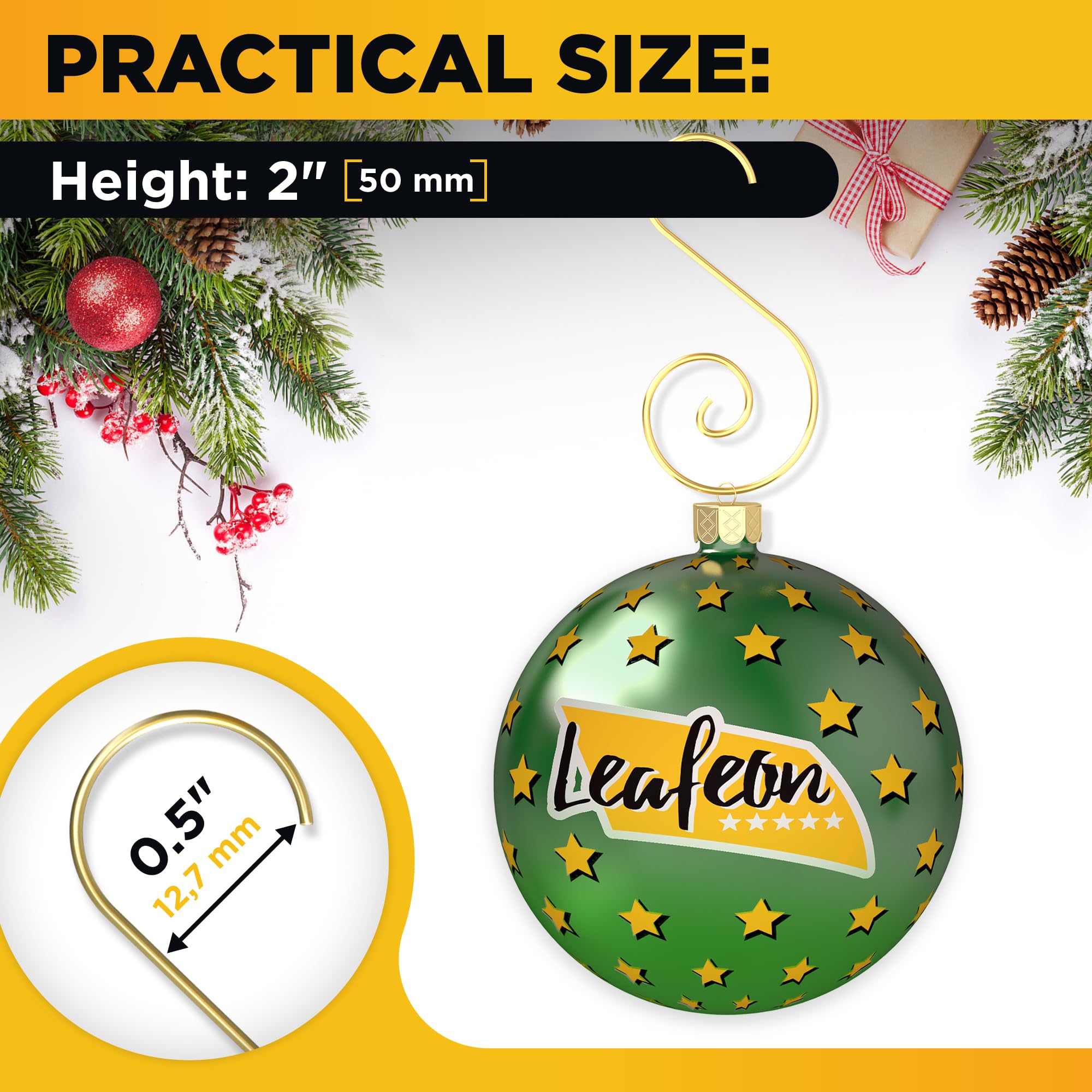 Leafeon 50 Pack S-Shaped Christmas Ornament Hooks for Christmas Tree Decoration – The Best Holiday S-Shaped Xmas Ornament Hangers (Gold)