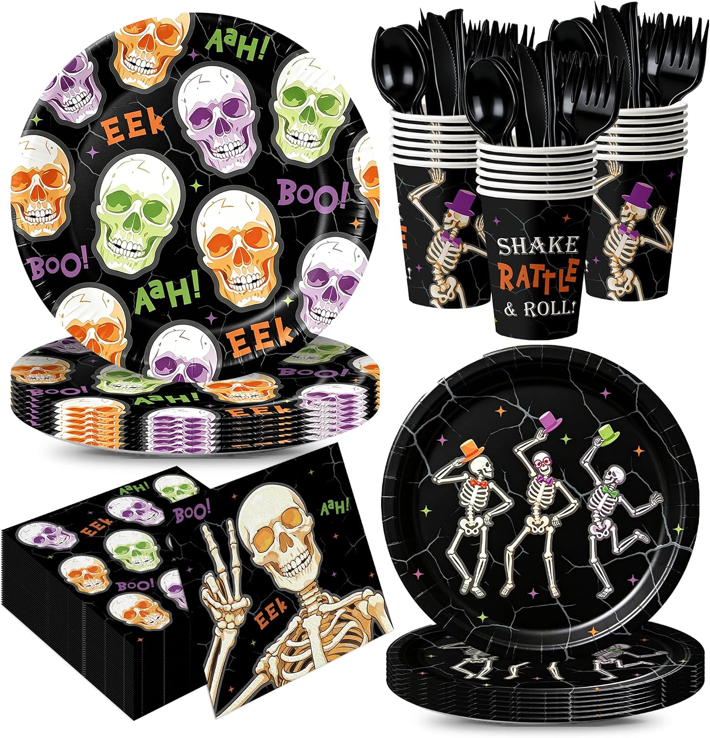 168pcs Skeleton Halloween Plates Napkins Party Supplies Skull Tableware Set