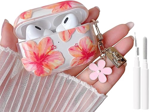 for AirPods Pro/Pro 2 Case Flower Cover with Cleaner Kit,Hibiscus