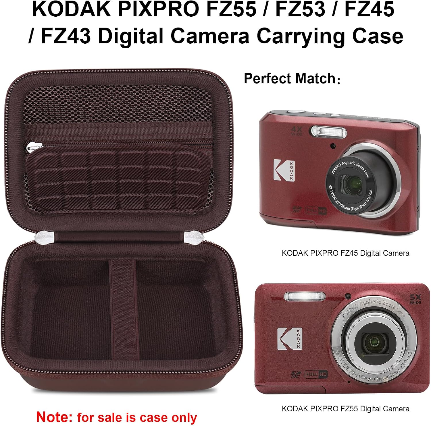 Elonbo Camera Carrying Case for KODAK PIXPRO FZ55/ FZ45/ FZ53/ FZ43 16MP Digital Camera, KODAK PIXPRO Camera Storage Holder Travel Bag, ​Mesh Bag Fits Batteries Cable Memory Card Card Reader, Brown
