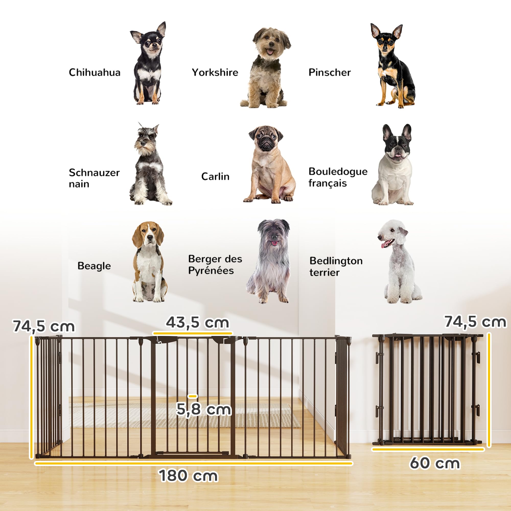 PawHut Barrière de sécurité Parc enclos Chien modulable Pliable Porte intégrée 300L Max. x 74,5H cm métal PP Noir