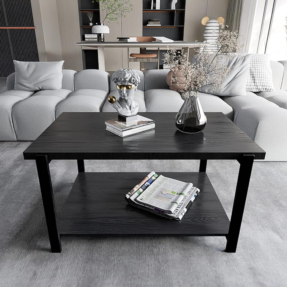$8/mo - Finance Black Coffee Table, Solid Wood Table with Storage Shelf
