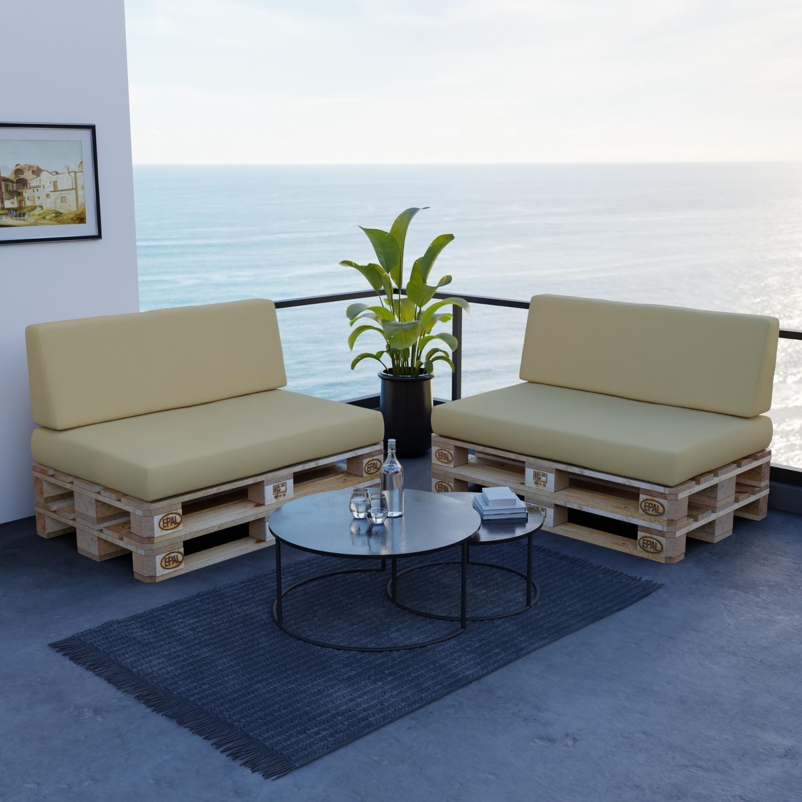 POKAR 2 Cojines para Europalés/Europalet Resistente al Agua: 1x Cojín-Asiento 120x80x12cm +1x Cojín-Respaldo 120x40x12cm, Espuma Fría, para Sofá de Paletas, sin Palés, Beige
