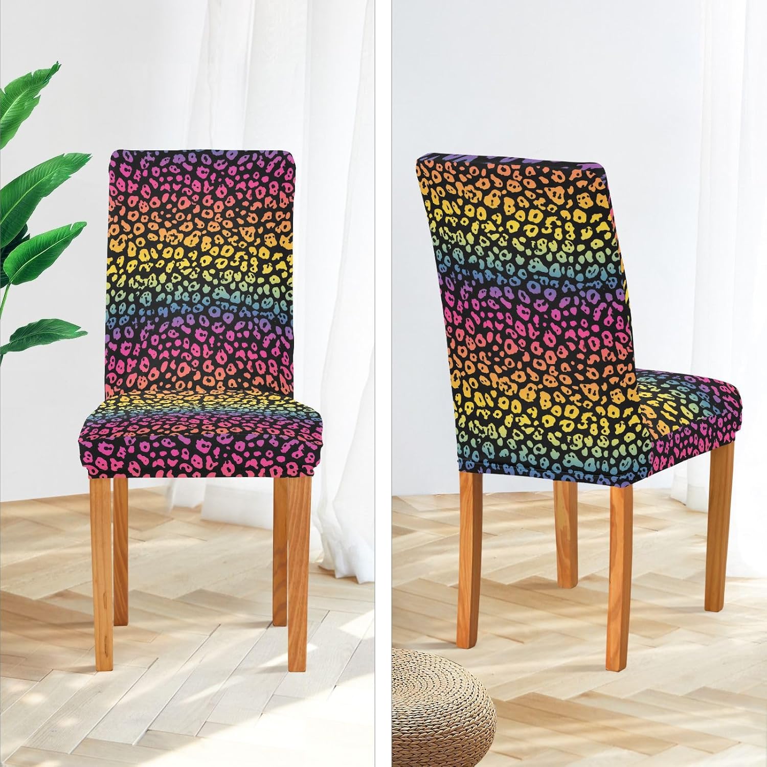 ALAZA Chair Covers for Dining Room, Neon Rainbow Leopard Cheetah Animal Print Stretch Chair Cover Sets Chair Protector Removable Washable for Ktichen Restaurant Hotel