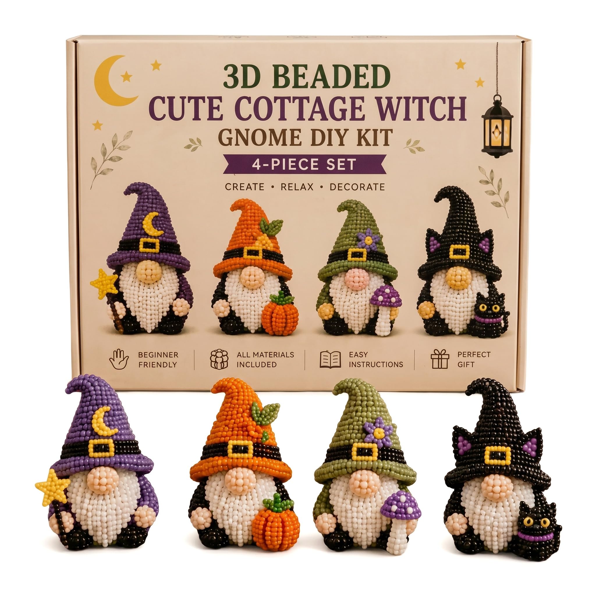 Mtbricey Witch Gnome Beaded Embroidery Set 3D DIY Craft Kit 4 Designs Beading Set Halloween Style Gnome Craft with Storage Box for Beginners Home Hobby (Style C)