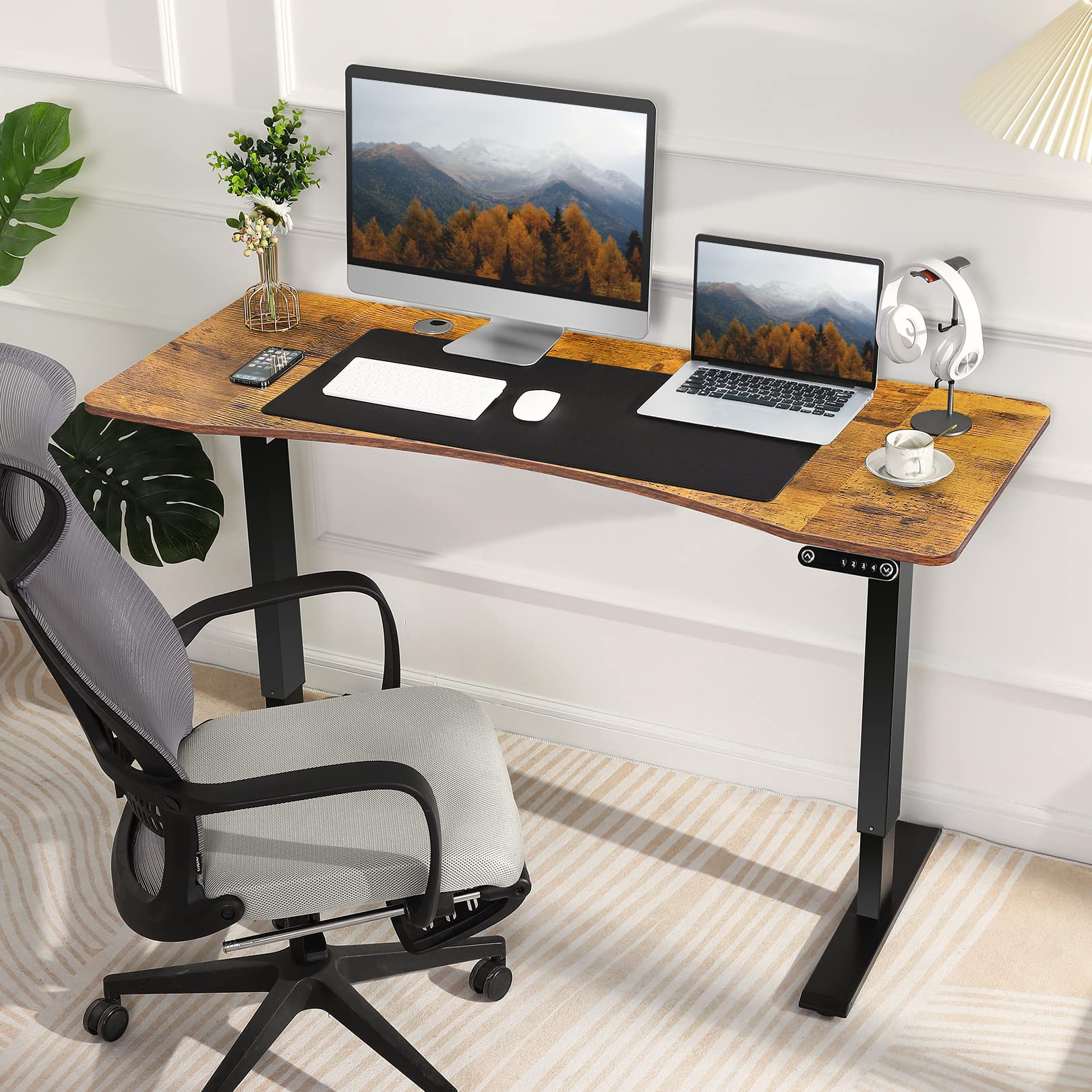 Electric Standing Desk: 55 x 24 Inches Stand Up Table, Adjustable Height Sit Stand Home Office Desk with Splice Board, Rustic Brown/Black Frame