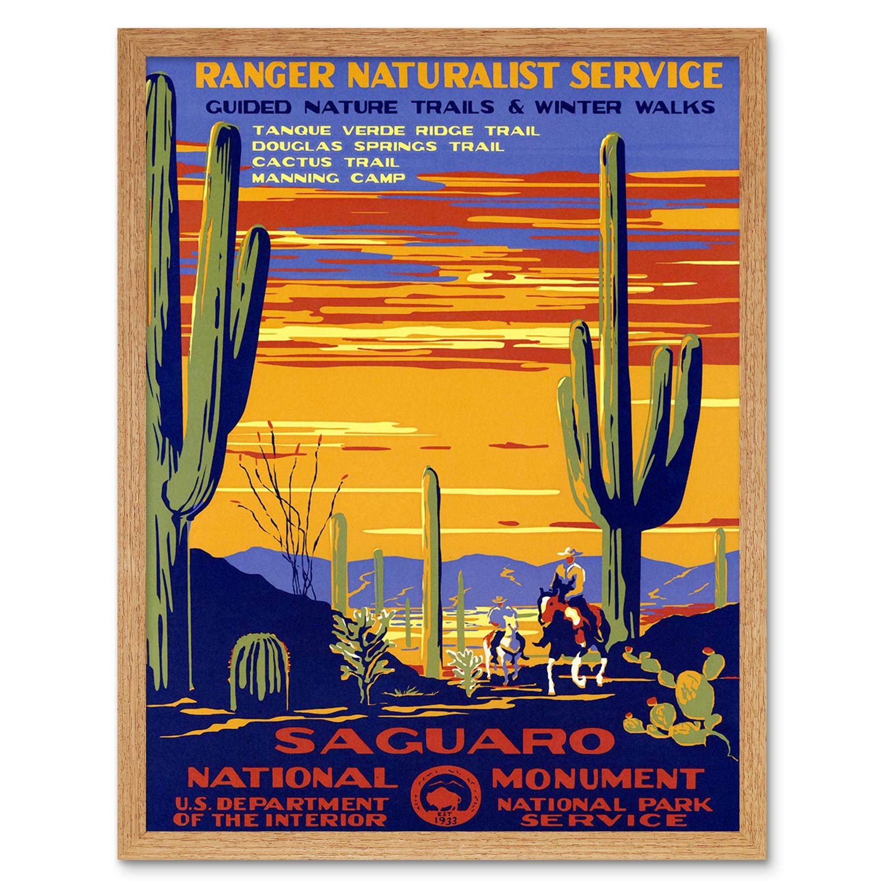 Wee Blue Coo Travel Saguaro Monument Desert Cactus Cowboy USA Art Print Framed Poster Wall Decor 12X16 Inch