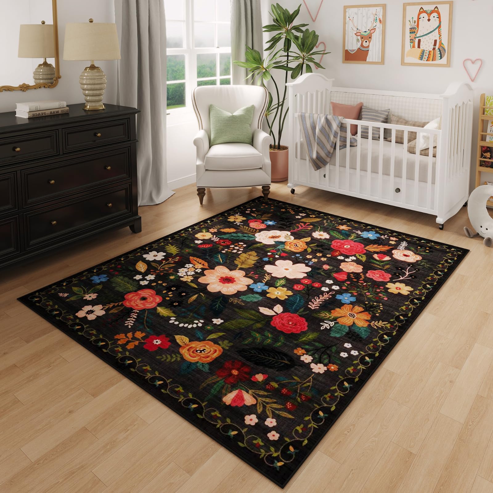 Rugcomf 4x6 Washable Boho Rug (Black)