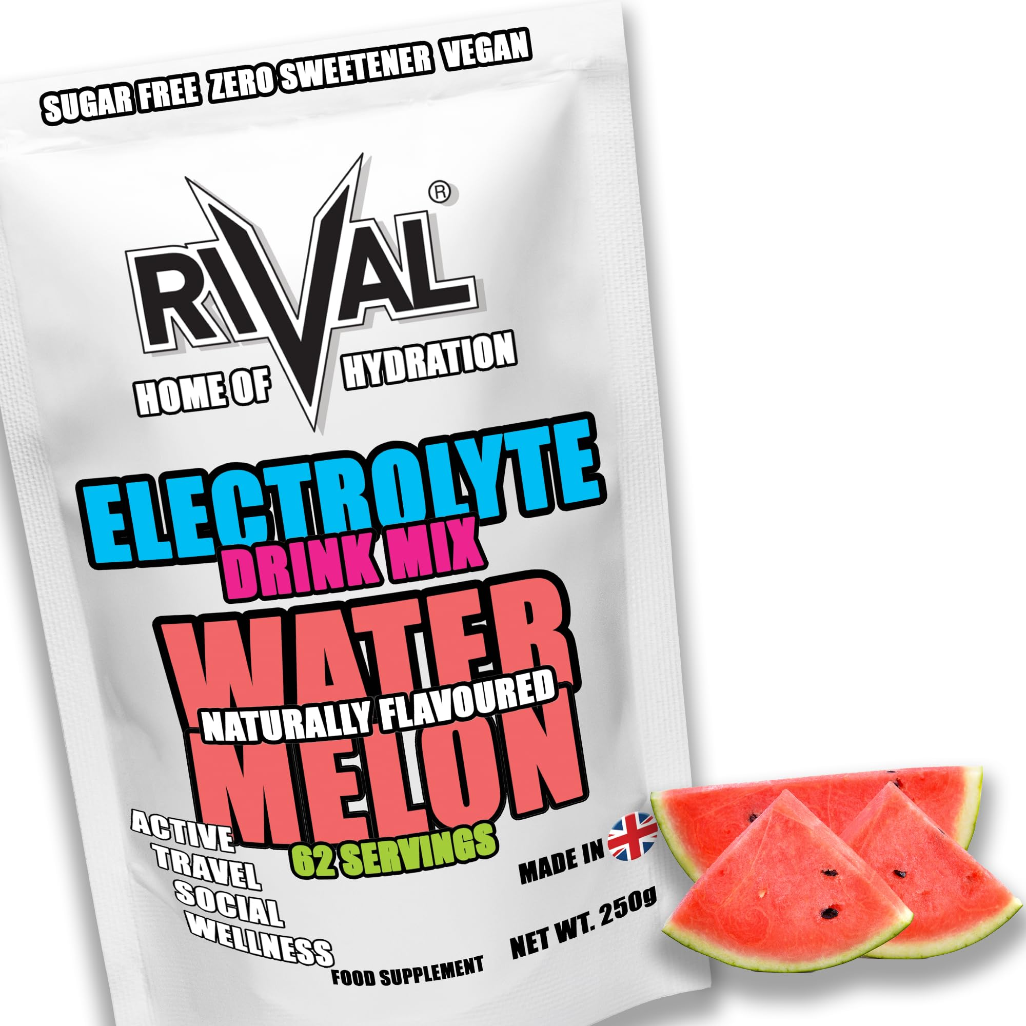 Rival Electrolyte Powder 250g Rapid Rehydration Naturally Flavoured, Sugar Free, Zero Carbs, Vegan, Keto Friendly - 62 Servings Made in The UK | Watermelon