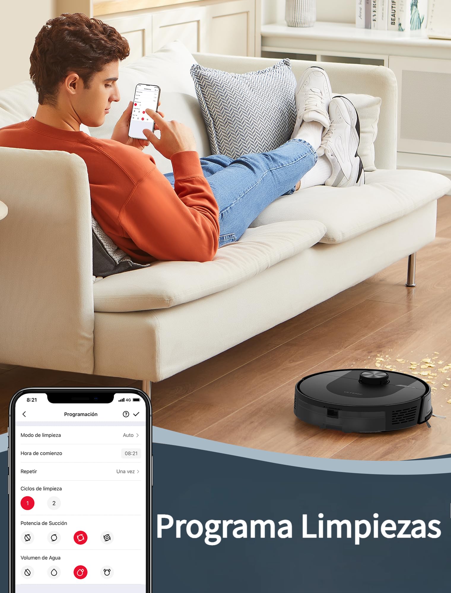 Ultenic Robot Aspirador y Fregasuelos con LIDAR, 8000PA, 180Min, Cobertura Completa 100%, Auto-Boost Alfombras, App/Voz, para Pelo de Mascotas
