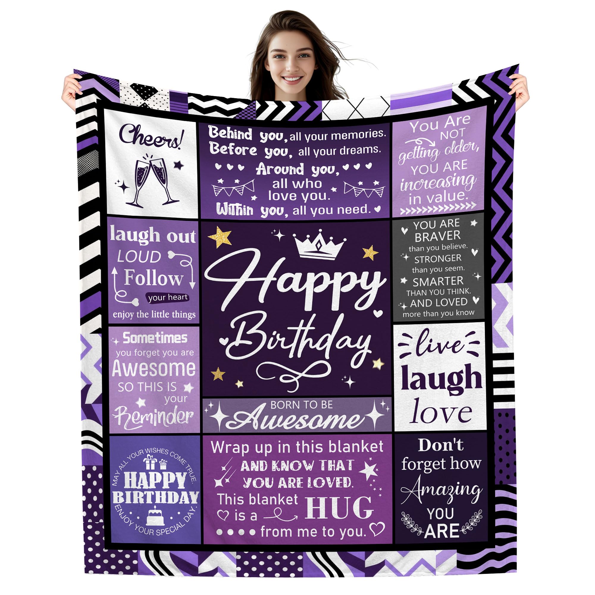 Amorea Birthday Gift for Woman Girl, Happy Birthday Throw Blanket for Mum Daughter Auntie Grandma Sister Granddaughter Niece Cousin Girlfriend Wife, Inspirational Blanket for Birthday (purple)