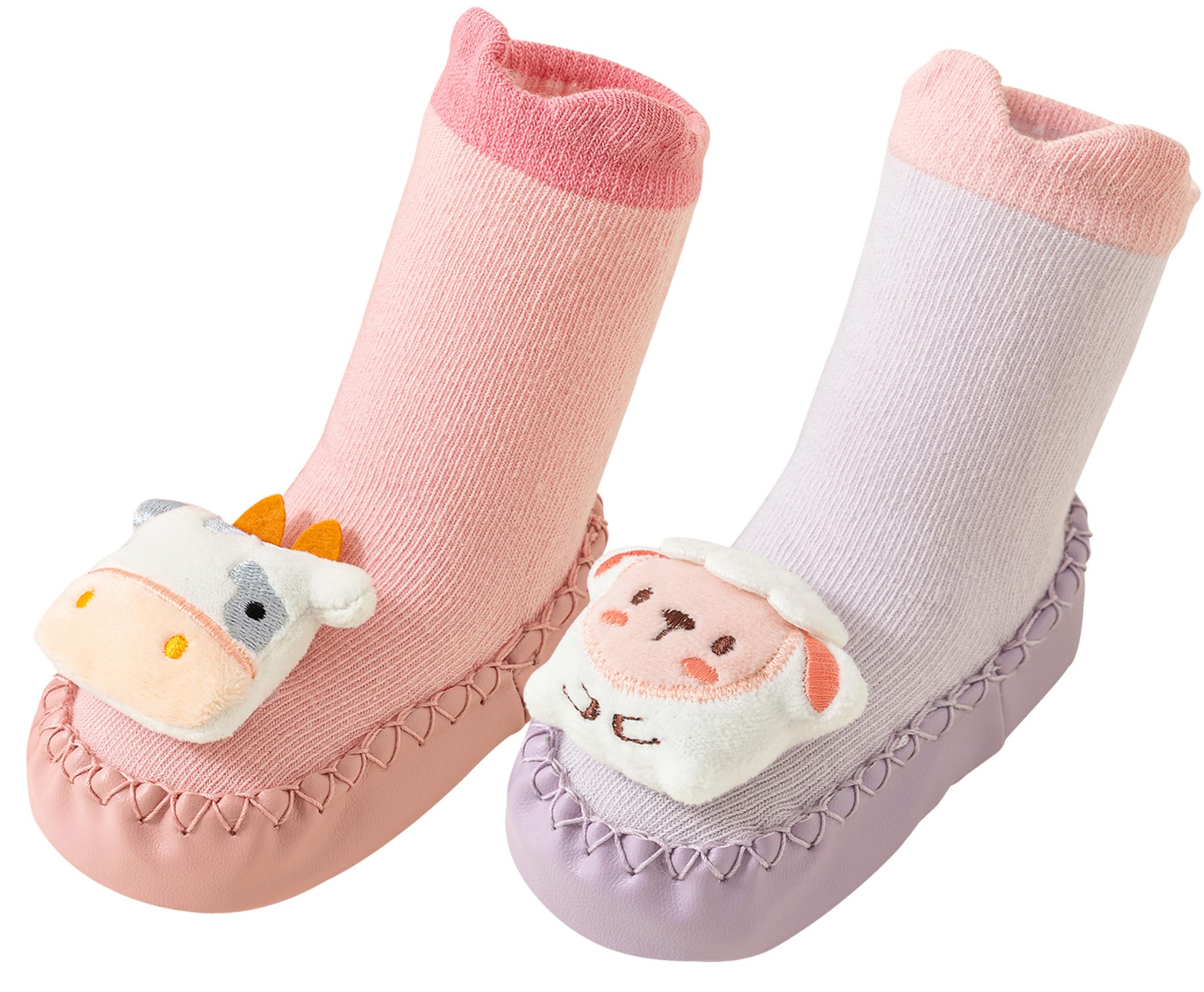 Happy Cherry Baby Non Slip Walking Warm Socks Unisex Baby Winter Fall Spring Socks Cartoon Sneakers Indoor Outdoor Pink Cow+Purple Sheep 6-12 Months