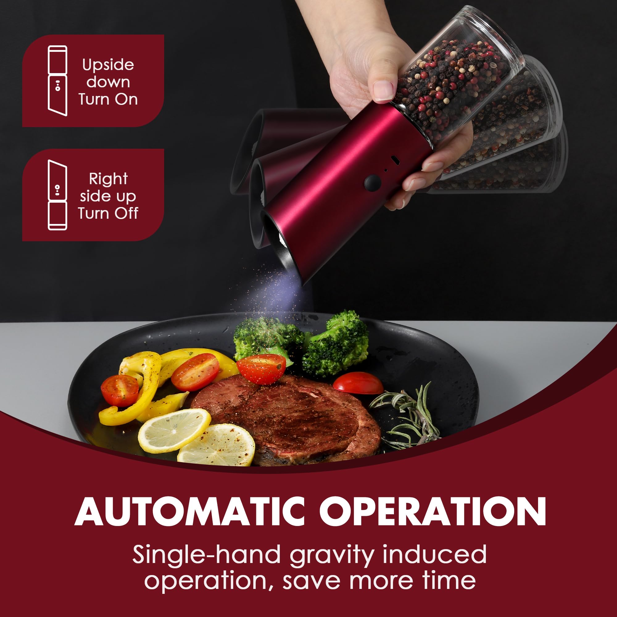 Set di 2 macinasale e pepe elettrico con cavo di ricarica USB e vetro, gravità ricaricabile, funzionamento a una mano, senza batteria, regalo per la tua cucina, San Valentino
