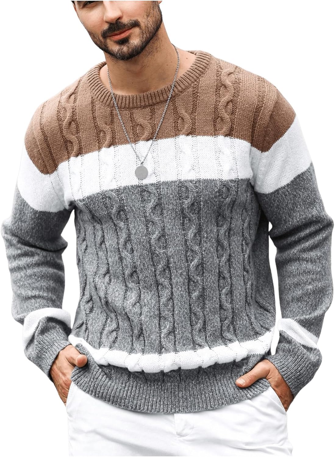 SHENHE Men's Vintage Knit Sweater Colorblock Striped Long Sleeve Crewneck Aesthetic Grandpa Sweater Fall Pullover Top