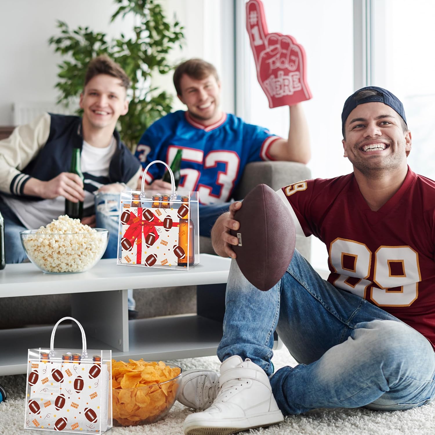 Pineraap 24Pcs Football Clear PVC Gift Bags with Handle, 7.9×7.9×3.1In - Reusable Football Snack Bags for Team Kids Fans Coach, Rugby Goodie Bag for Sports Birthday Party Favor, Games Day Team Snack - Image 5