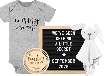 Baby Coming Soon Announcement Ideas, Surprise Pregnancy Reveal To Family Grandparents Grandma Dad- Baby Shower Gender Reveal Gifts- Felt Letter Board, Wooden Sign, Onesie, Security Blanket