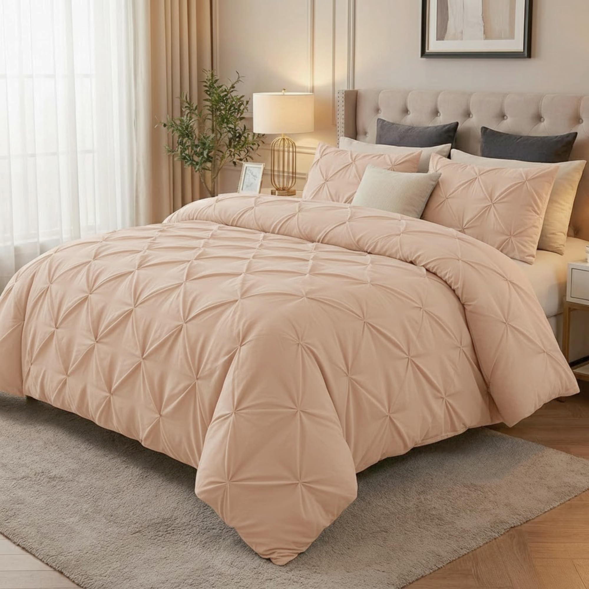 Z&A Homz Z&A Bedding Cream Pintuck Duvet Covers Double - Soft Brushed Microfiber Quilt Cover With Pillow Cases - Breathable & Washable Comforter - Easy Care Set