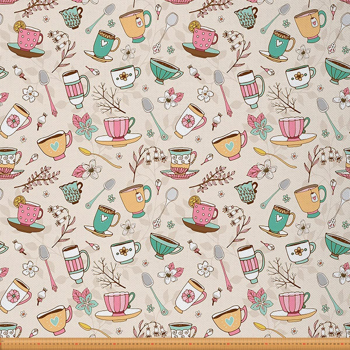 Loussiesd Upholstery Vintage Coffee Cup Fabric for Chairs, Retro Coffee Pot Outdoor by The Yard, Cute Floral Flowers Blossom for Home DIY Projects, 2 Yard (L184*W150cm) Pink
