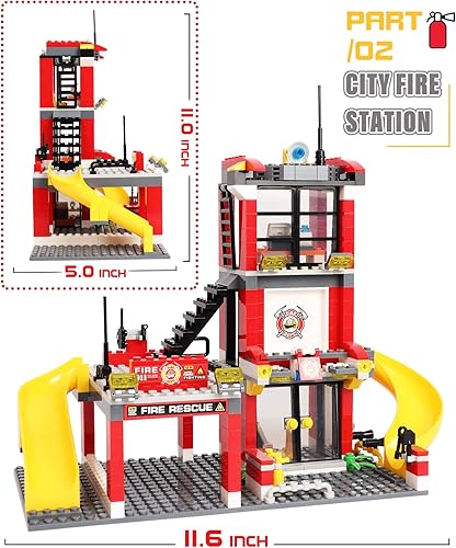 Miniatura 6 de Kit de construcción de estación de bomberos de ciudad, bloques de construcción urbana con camión de bomberos, juego de juguetes de rescate de