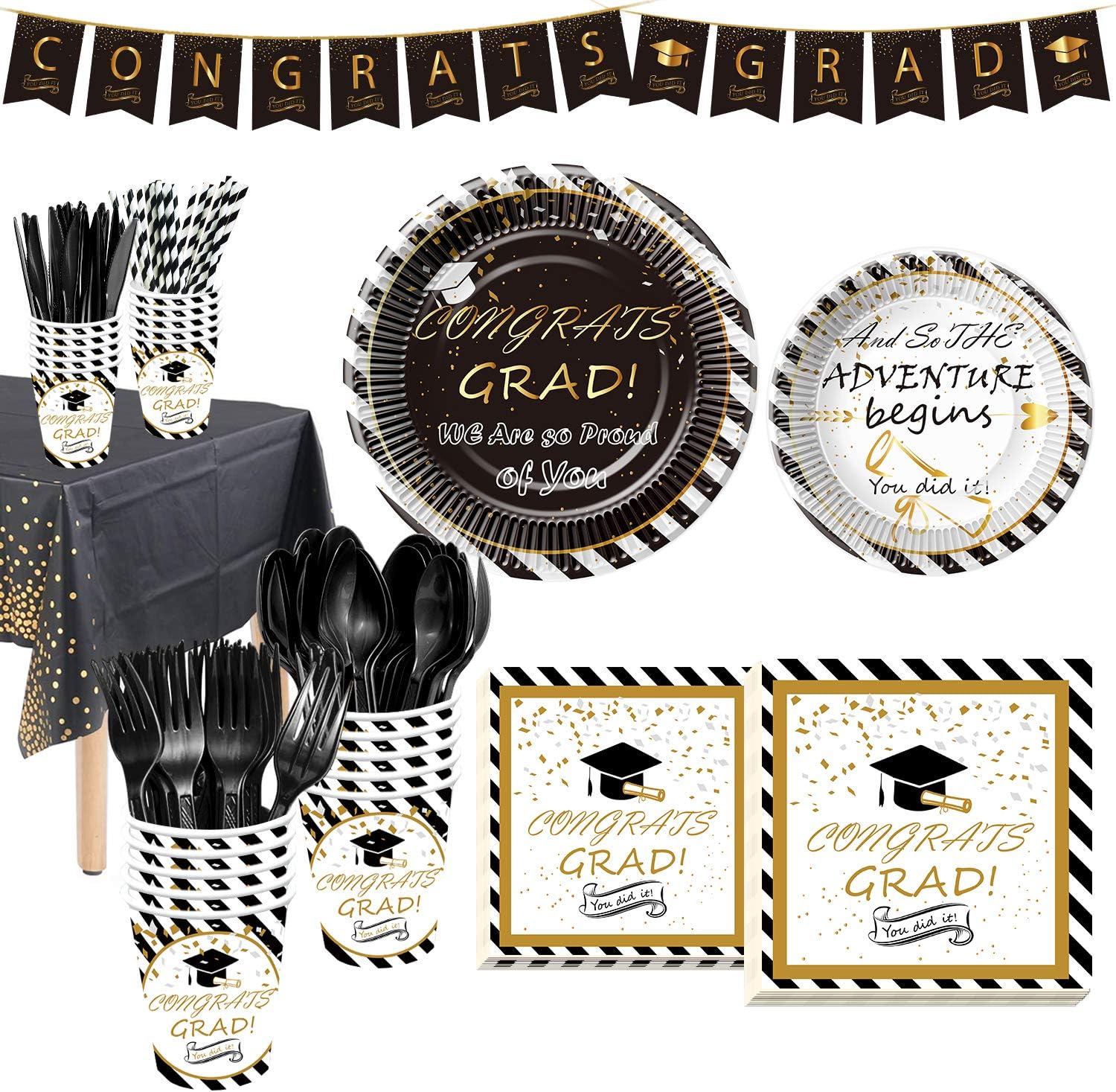 NAIWOXI Graduation Party Supplies 2023 - Graduation Tableware Included Banner, Plates, Cups, Napkins, Tablecloth, Cutlery, Straws, Congrats Grad Decorations for Graduation | Serves 24 (Black & White)