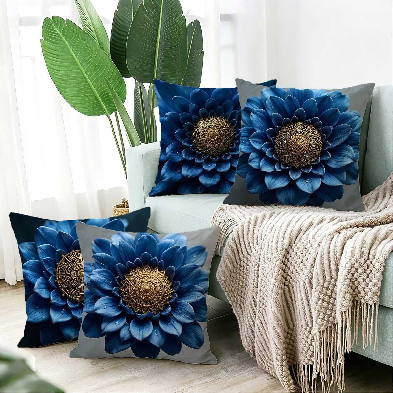 Blu Federe Cuscini Divano 65x65cm, Cuscini da Esterno Set de 4, Cod-89 | Velour Copricuscini Decorativi Letto Arredo, per Letto, Soggiorno, Giardino, Esterno, Casa Decorazione Set di 4 Pianta