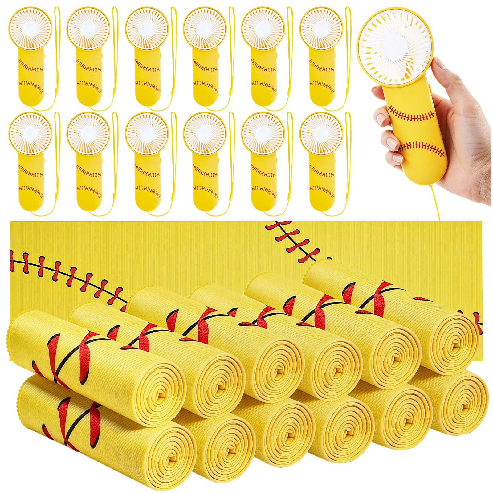 24-teiliges Softball-Team-Geschenk-Set, enthält 12 Softball-Kühltücher und 12 tragbare Ventilatoren, 101,6 x 30,5 cm, Workout-Sport-Handtücher, Mini-Handventilator für Sport-Partygeschenke