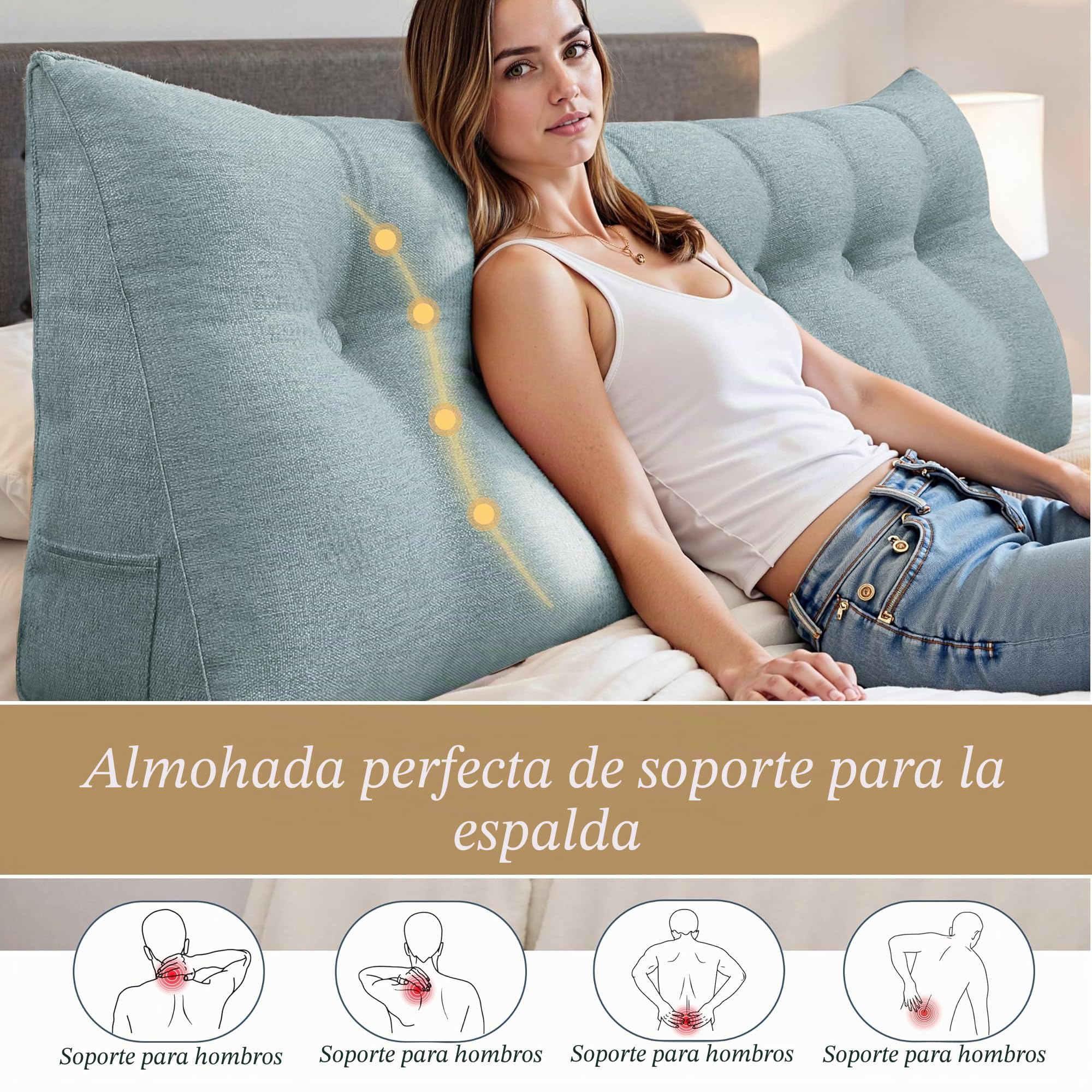 Cojín Respaldo Cama Lectura – Almohada Triangular con Funda Desmontable y Lavable, Cojines Grandes para Cama y Sofá, Respaldo Cómodo para Lectura y Descanso
