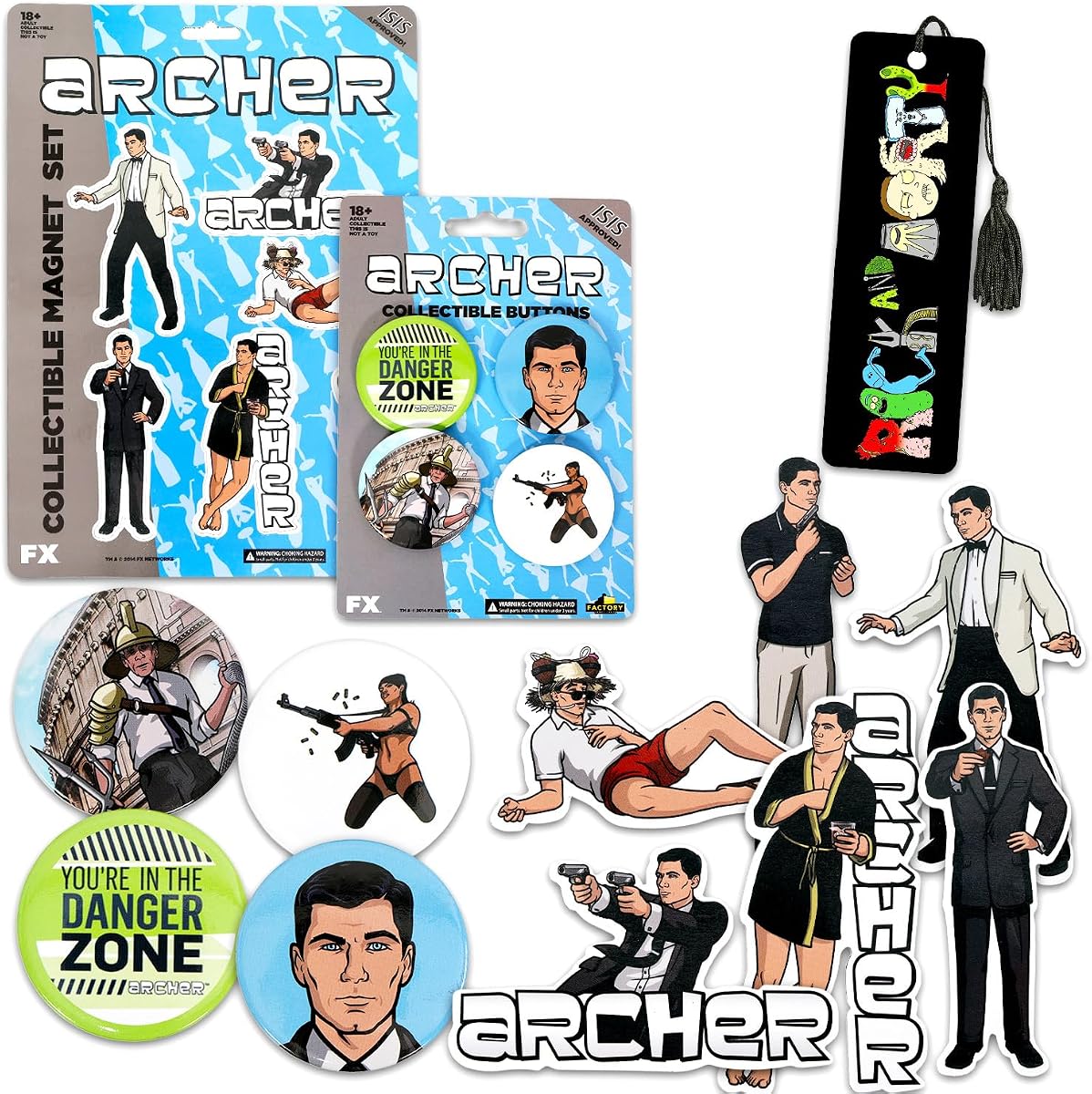Juego de botones e imanes coleccionables Archer – Paquete con botones de programa de televisión Archer e imanes de nevera para cocina, coleccionables, regalos | Mercancía del programa de televisión Archer (los estilos variarán)