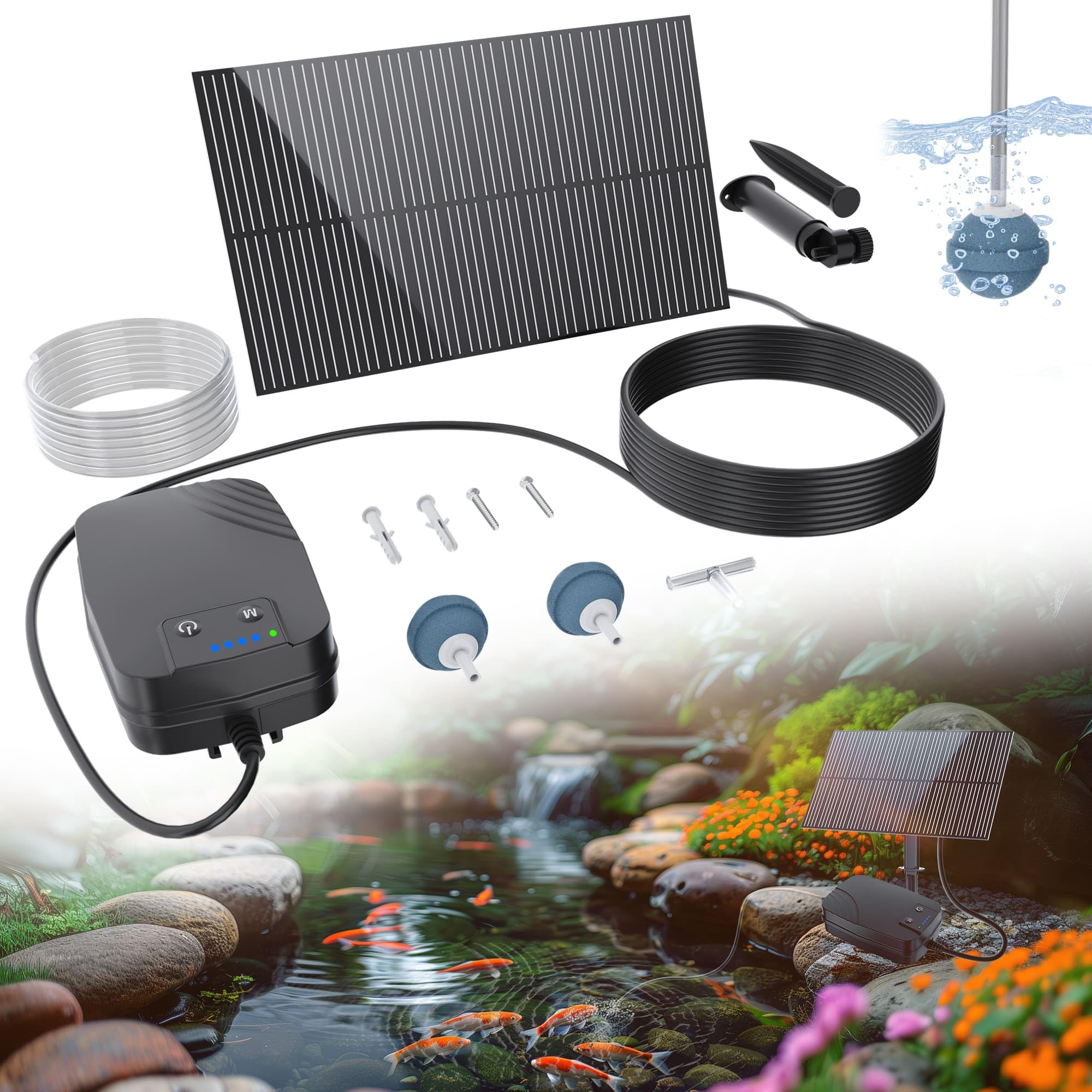 Biling - Aeratore solare per laghetto, pompa di ossigeno con batteria da 1500mAh, pannello in vetro da 2W, tubo da 3m, IPX5, silenziosa pompa ad aria solare per giardino, laghetto da pioggia
