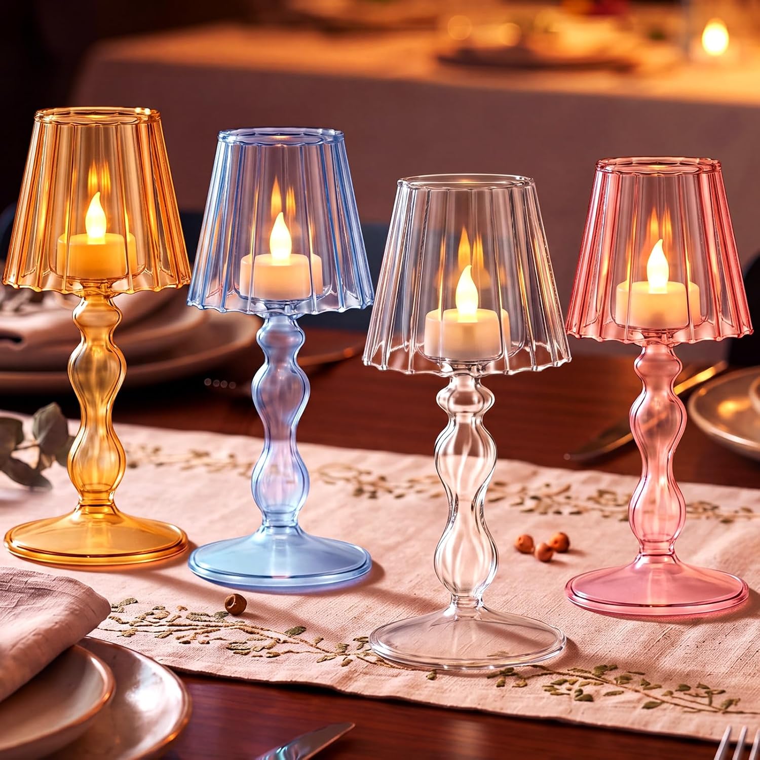Mumufy 4 Pcs Glass LED Tealight Candle Holders, Desk Lamp Shaped, 4 Colors
