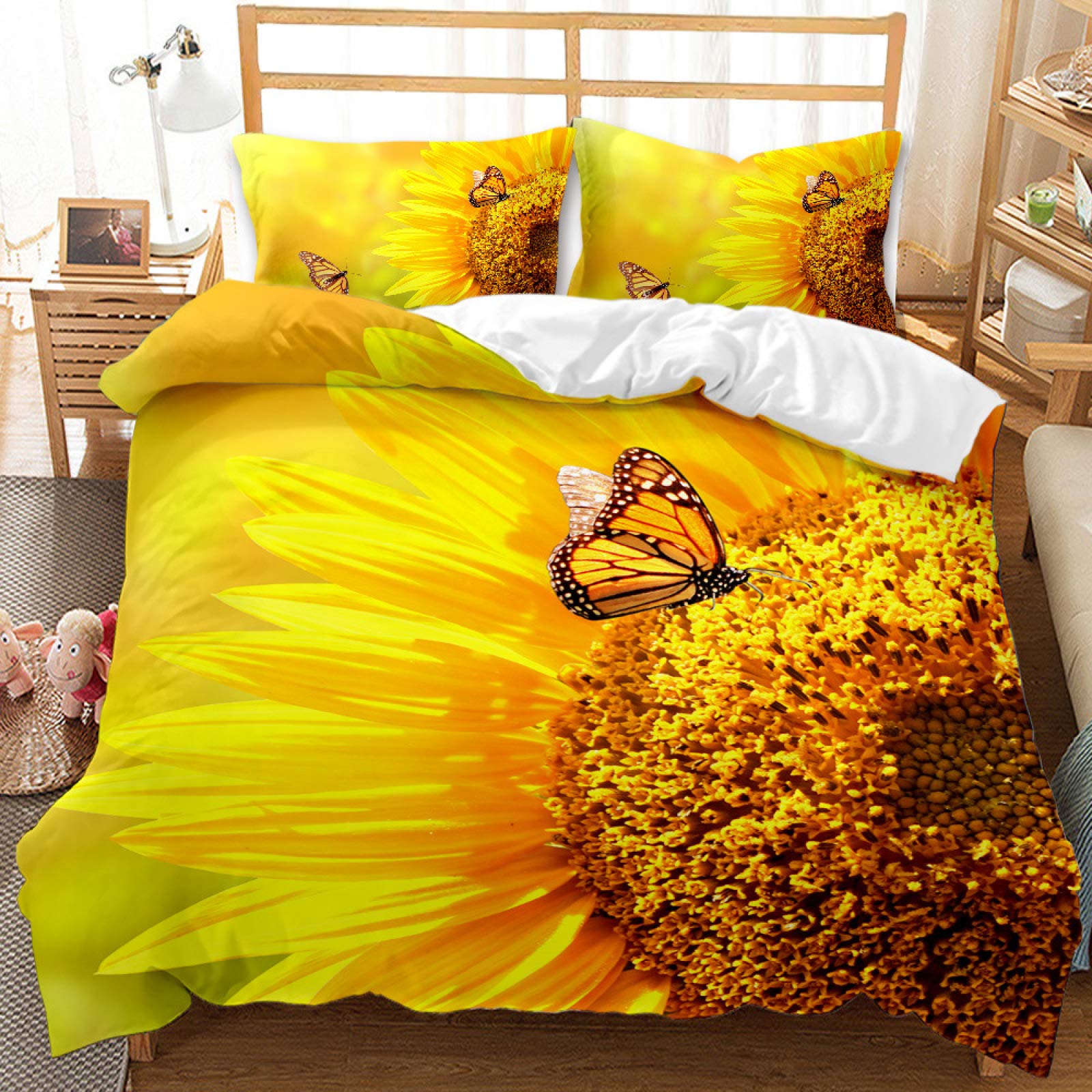 Super King kołdry zestawy żółty słonecznik 110 g/m2 pościel z mikrofibry i lniana poszewka na kołdrę + 2 poszewki na poduszki 49 cm x 70 cm, odpowiednie dla dorosłych i dzieci zestaw do łóżka