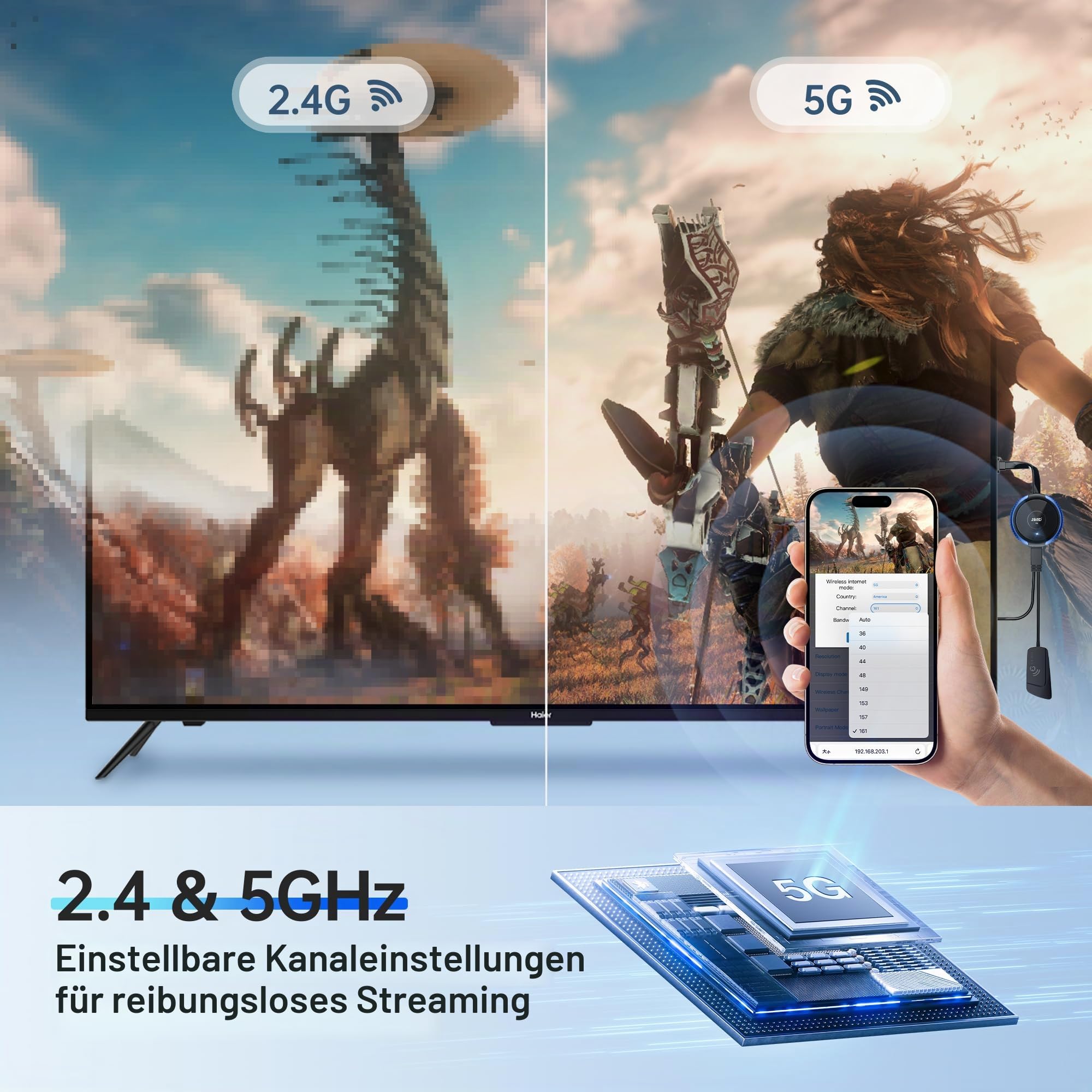 5.8G USB C Wireless Transmitter 165FT/50M USB-C Transmitter HDMI Drahtlos übertragen, HDMI Funk für Laptop, i-Phone 15, TV Box, Kamera zu Monitor, Projektor,TV (TX Needs to be Used with the RX)
