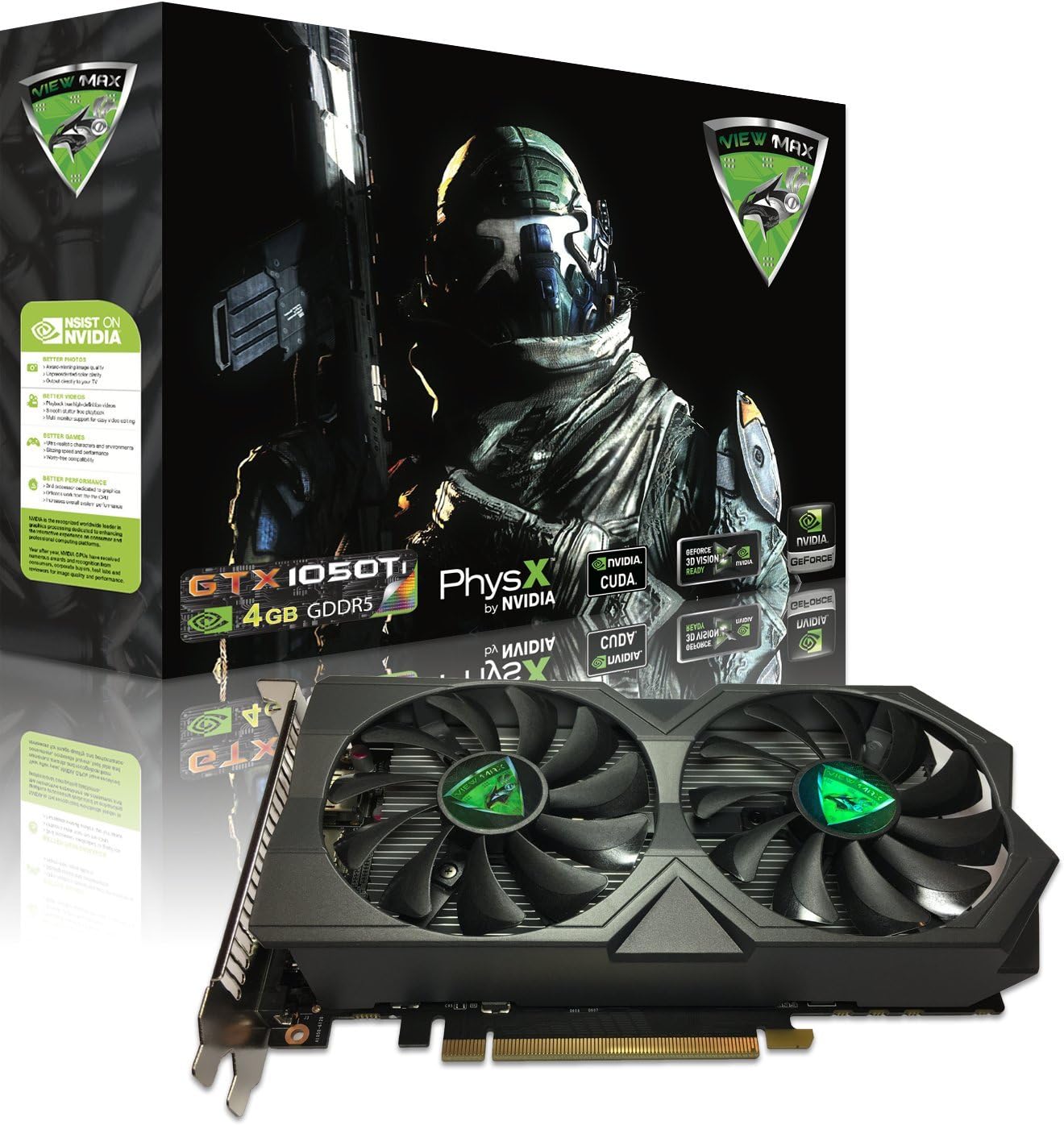ViewMax GeForce GTX 1050 Ti 4GB GDDR-5 128-Bit PCI-E Dual Vortex Gaming Cooler DVI-D HDMI Cyborg Assassin Edition