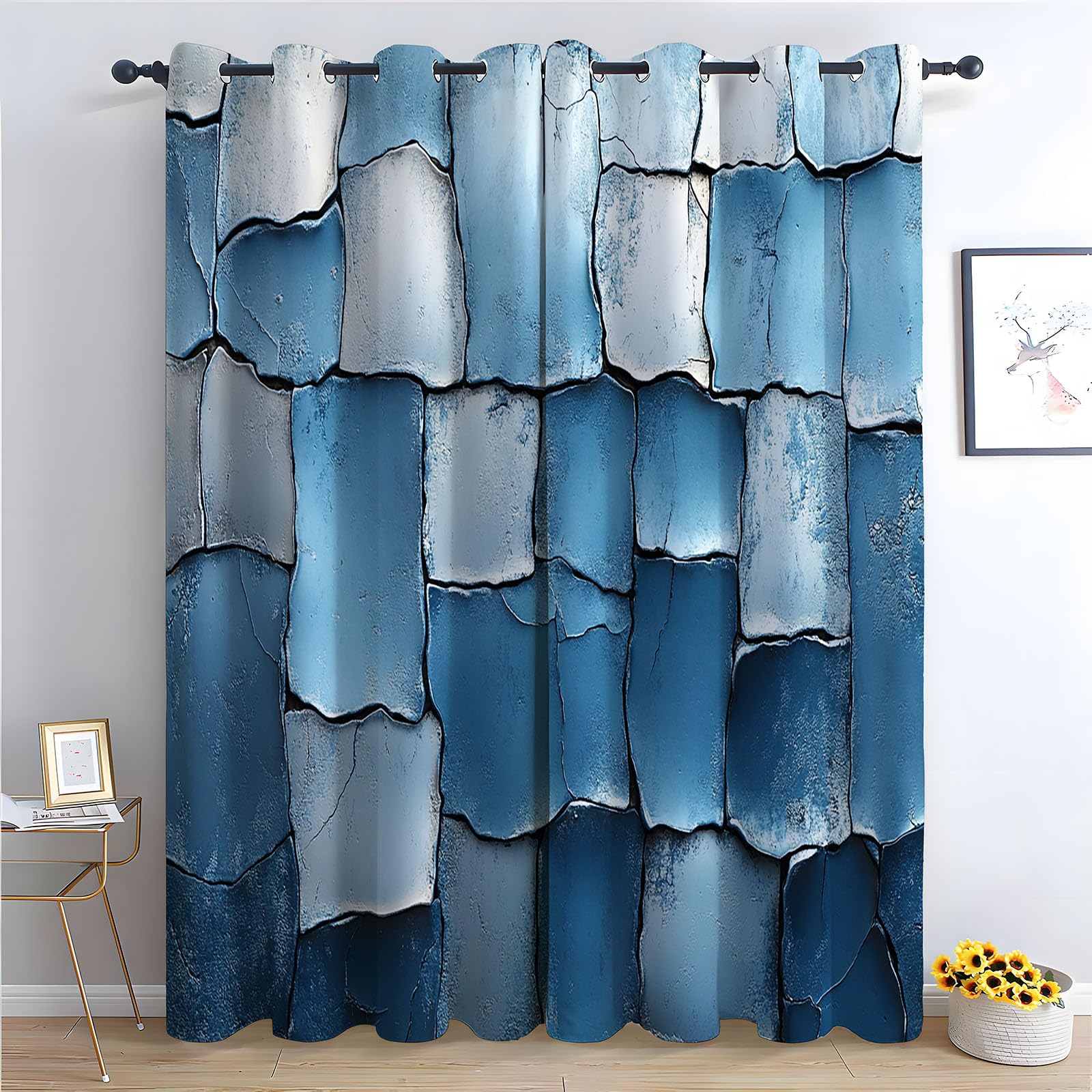 Vorhänge Blickdichte Modern Abstrakt - Rissige Blaue Steinfliesen-Optik Geometrisch Minimalist Vorhänge Schlafzimmer Fenstervorhang-H180 x B140 cm (2er Pack)