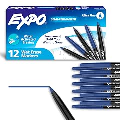 EXPO Wet Erase Markers Semi-Permanent Markers Blue Ultra Fine Tip 12 Count Pack of 12