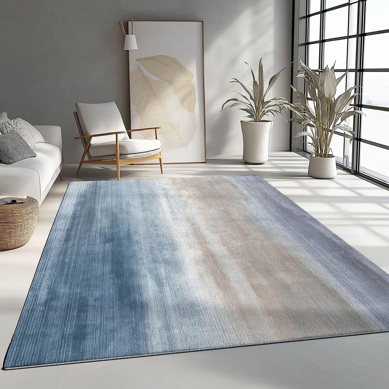 Tapis Salon Lavable en Machine Minimalisme Dégradé Texture 120 x 170 cm Tapis Chambre Pile Courte et Douce Doux Bureau Rectangulaire Intérieur Extérieur Dessous Antidérapant, Bleu Gris