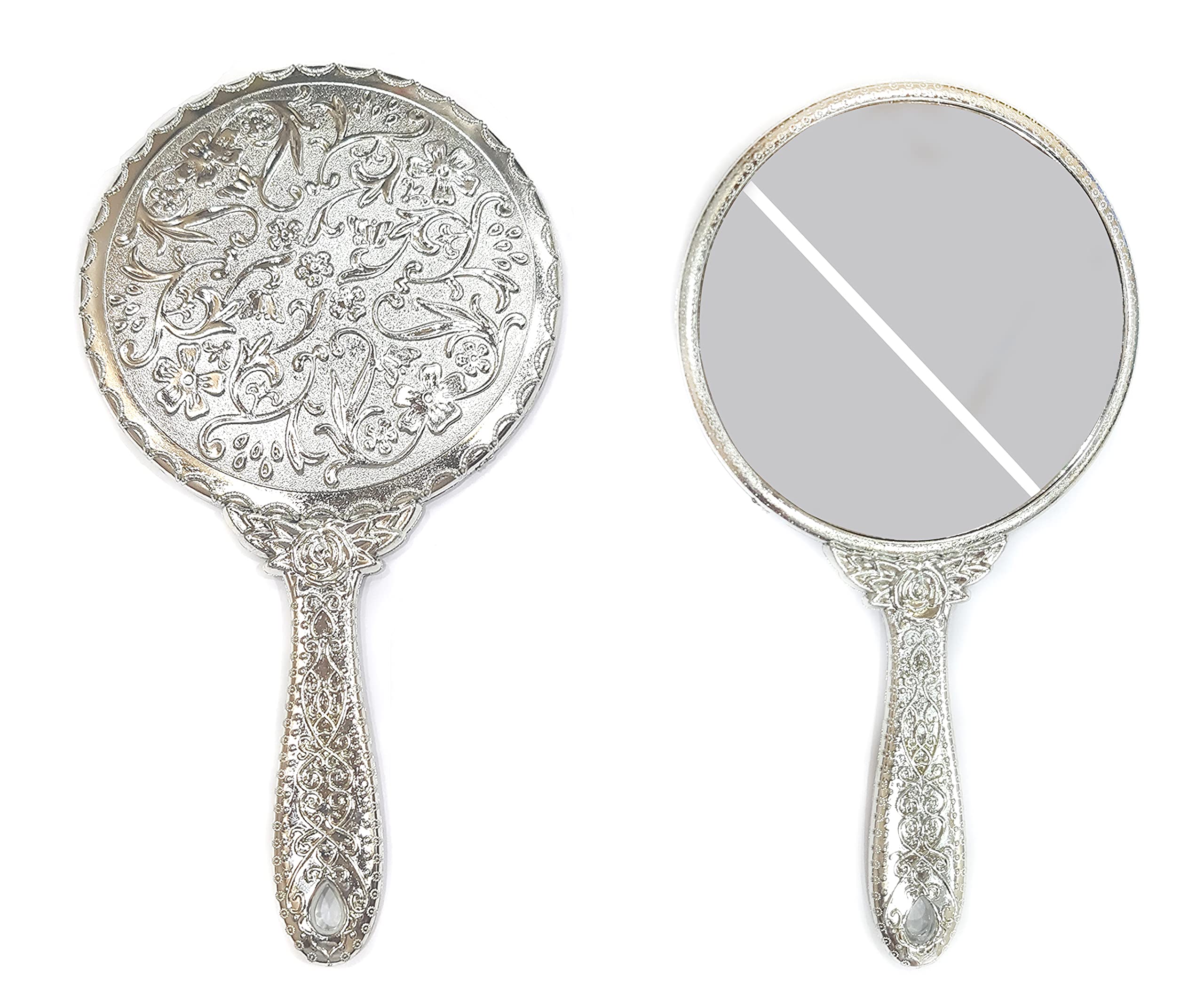 Foreign Holics Decorative Hand Held Mirror - Hand Mirrors with Handle - Lightweight Mirror - Portable Mirror - Travel Makeup Mirror (Silver) (Silver)-picture-16