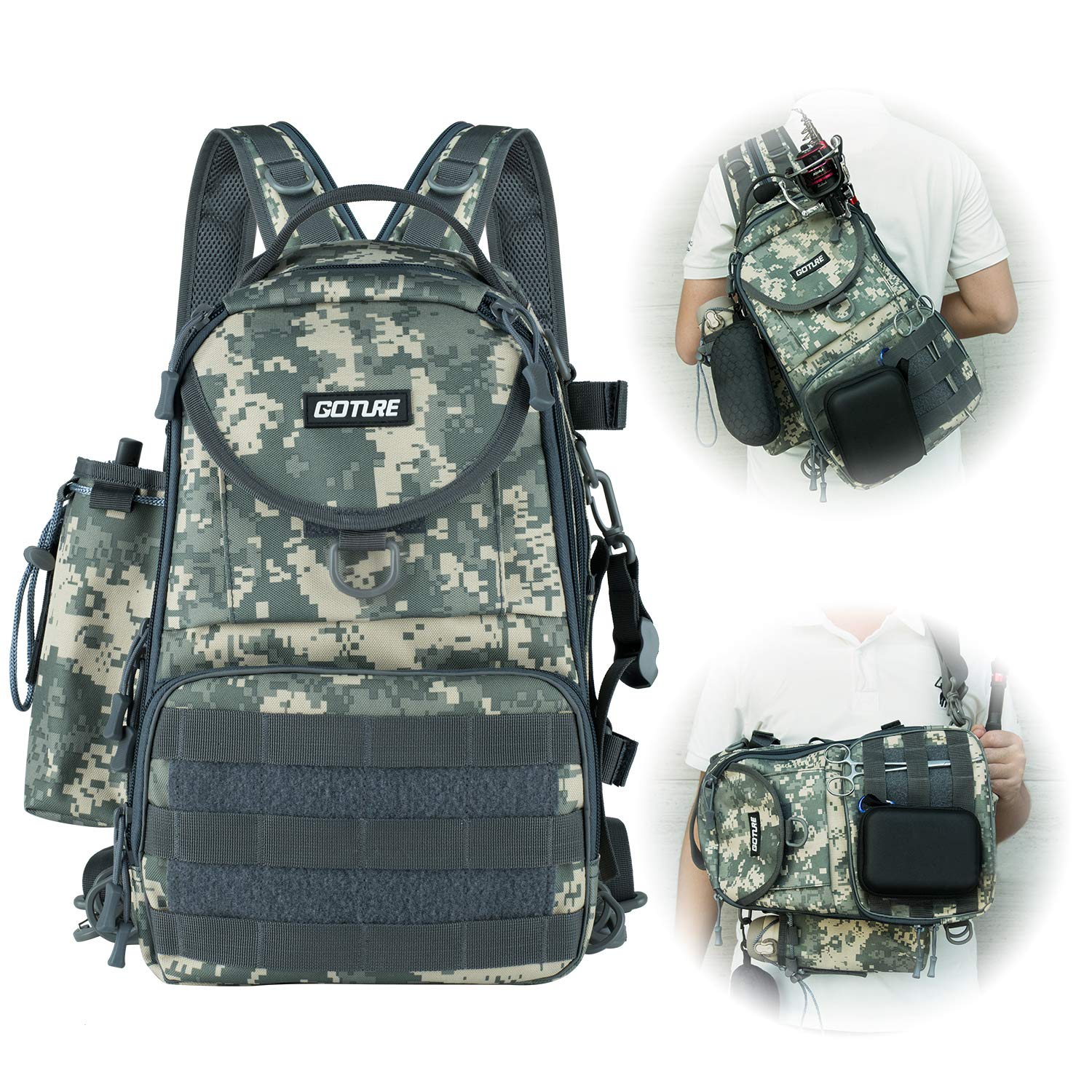Goture Fishing Tackle Storage Backpack - Lightweight 600D Water-Resistant Outdoor Shoulder Fishing Gear Bag Cross Body Sling Daypack with Rod Holder for Fishing Hiking Hunting Camping Traveling- Camo