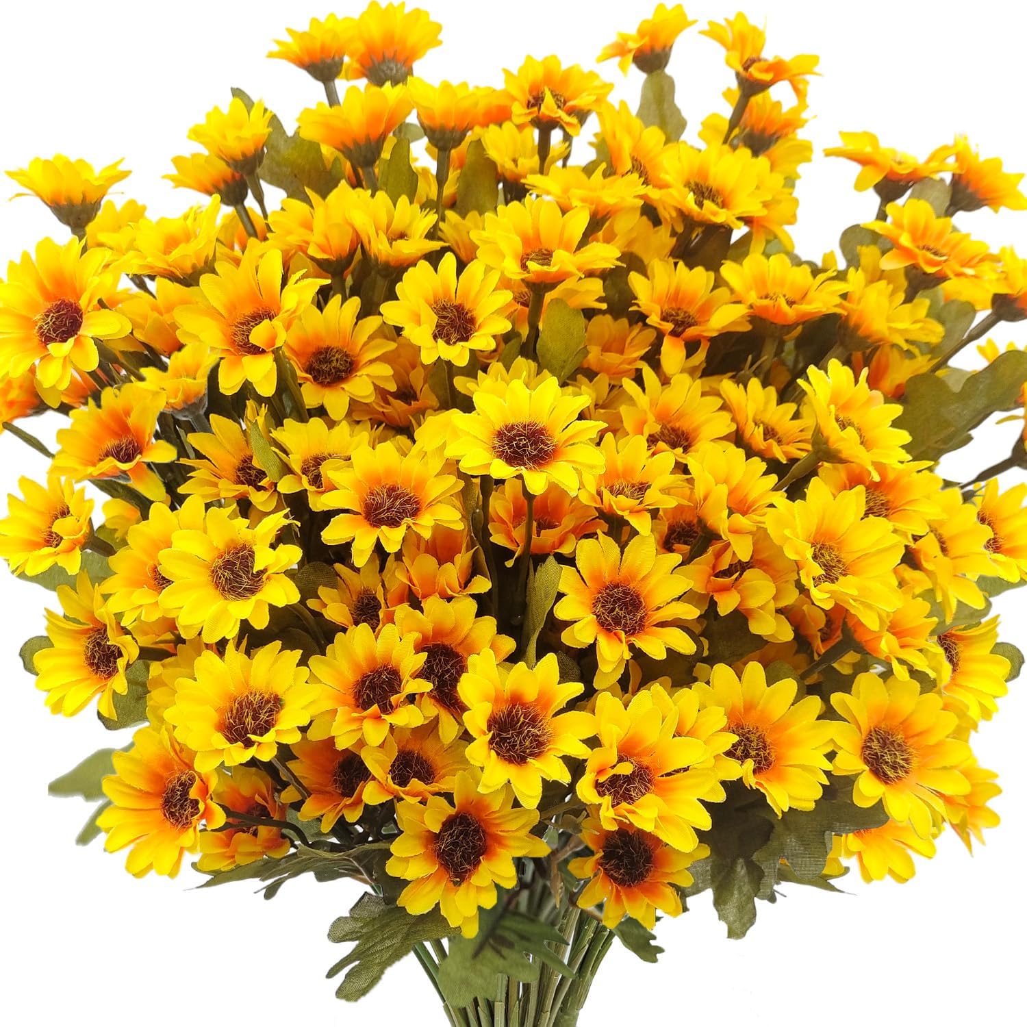 7 Bundles Fake Mums Artificial Fall Flowers for Outdoors Silk Daisy Floral Faux Mum Plants for Home Decor Indoor Outside Porch Pots Planters Potted Decorations (Yellow Orange)