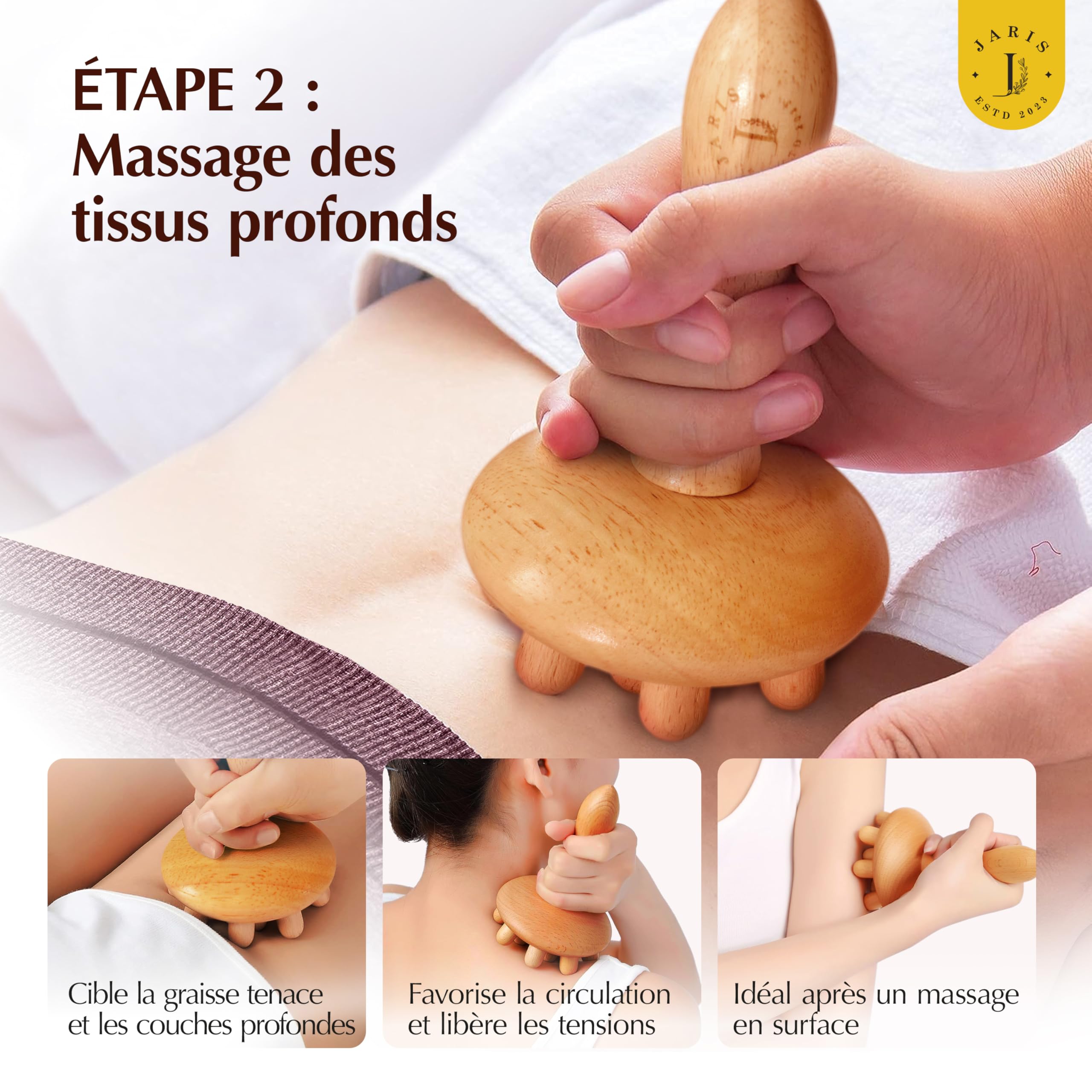Kit Maderothérapie Ventre Plat – Anti-Cellulite pour Maison – Drainage Lymphatique & Massage Raffermissant – Rouleau Bois + Champignon – Améliore la Circulation – Guide en Ligne (QR Code)
