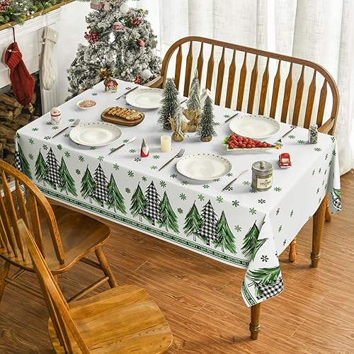 Miniatura 2 de Horaldaily Mantel de Navidad rectangular de 60 x 84 pulgadas, diseño de árboles verde nieve, lavable, para decoración de fiestas, pícnic, cenas