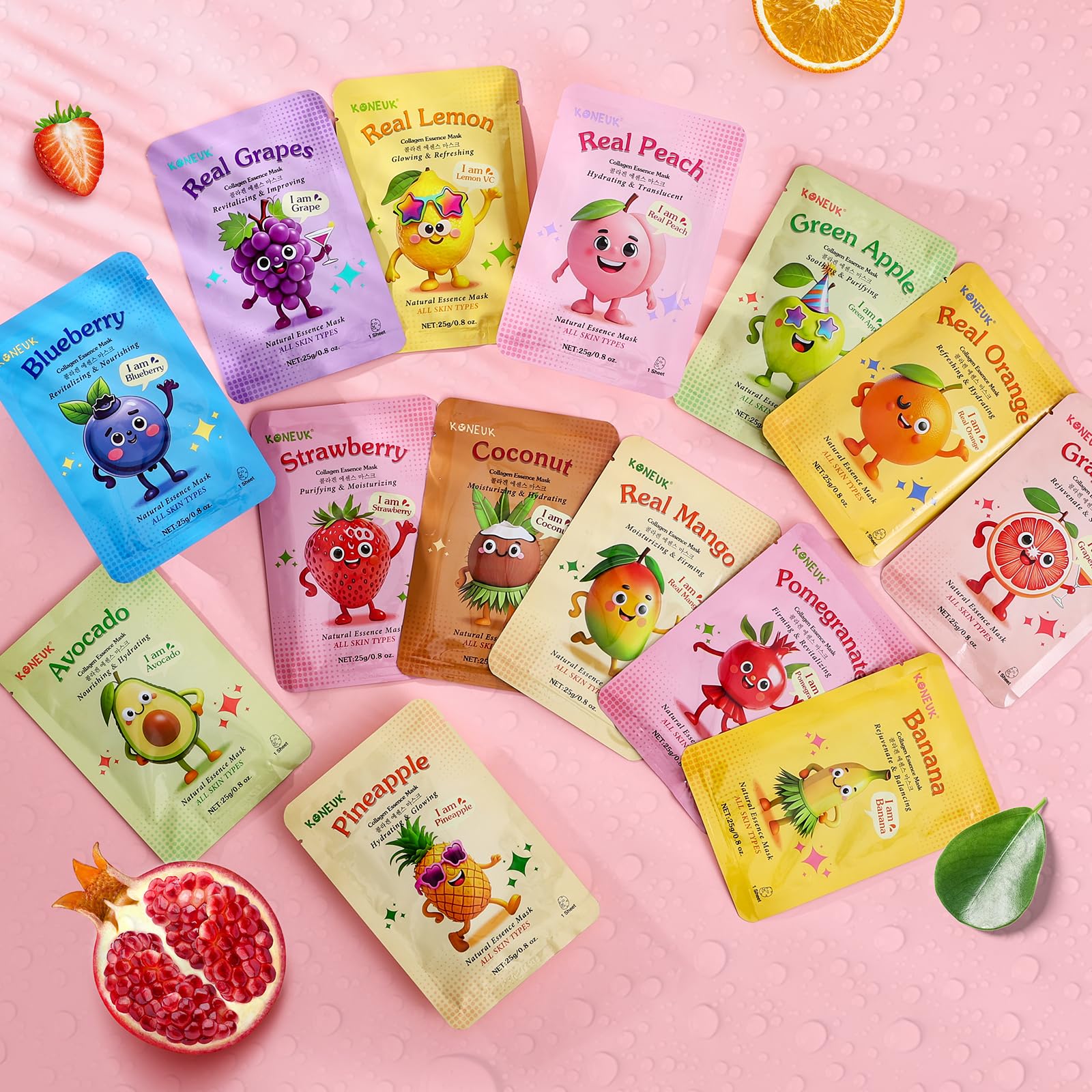 KONEUK Paquete de 14 mascarillas faciales de frutas para el cuidado de la piel de los niños, mascarilla hidratante para todo tipo de piel, máscara facial suelta de colágeno para
