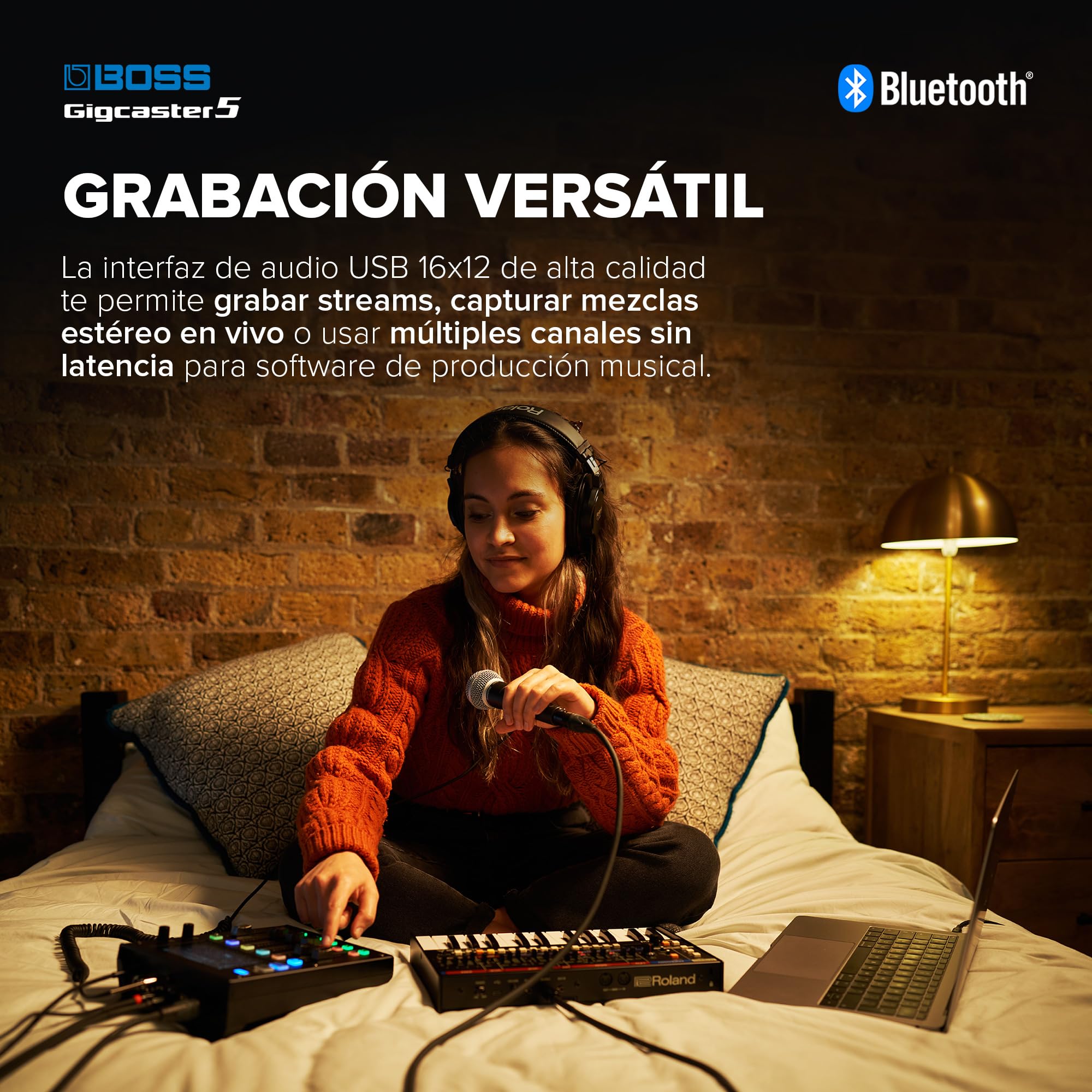 BOSS Gigcaster 5 | Compacto mezclador de streaming de audio de 5 canales con entrada directa de guitarra/bajo | 2 entradas de micro XLR | Entrada de línea estéreo | 8 pads SFX de pantalla táctil