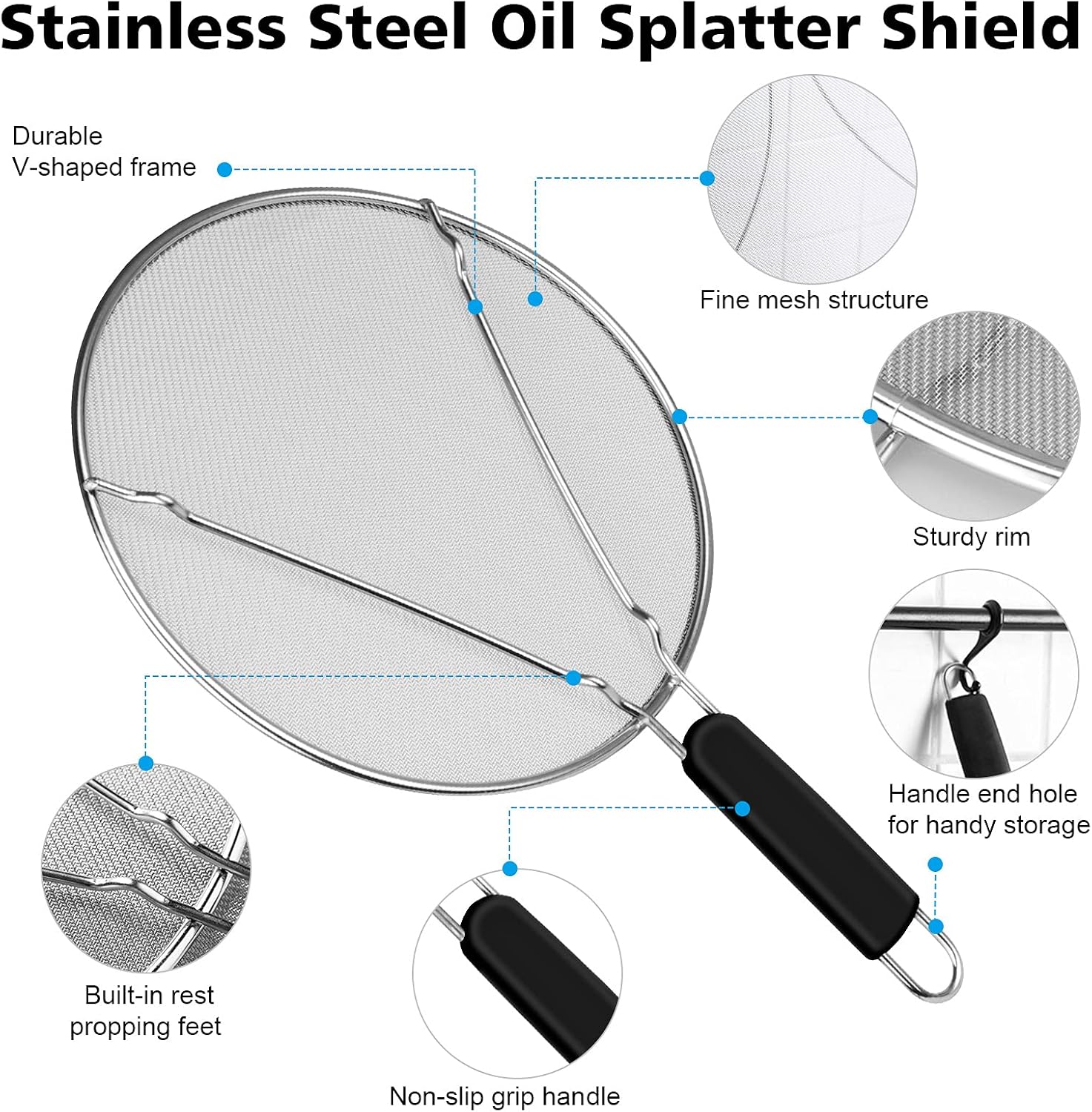 Nonley Splatter Screen for Frying Pan - 9.8"" 11.4"" 13"" Grease Splatter Guard Hot Oil Splatter Guard, Stainless Steel Fine Mesh Splash Guard with Resting Feet for Cooking to Prevent Oil Splatter