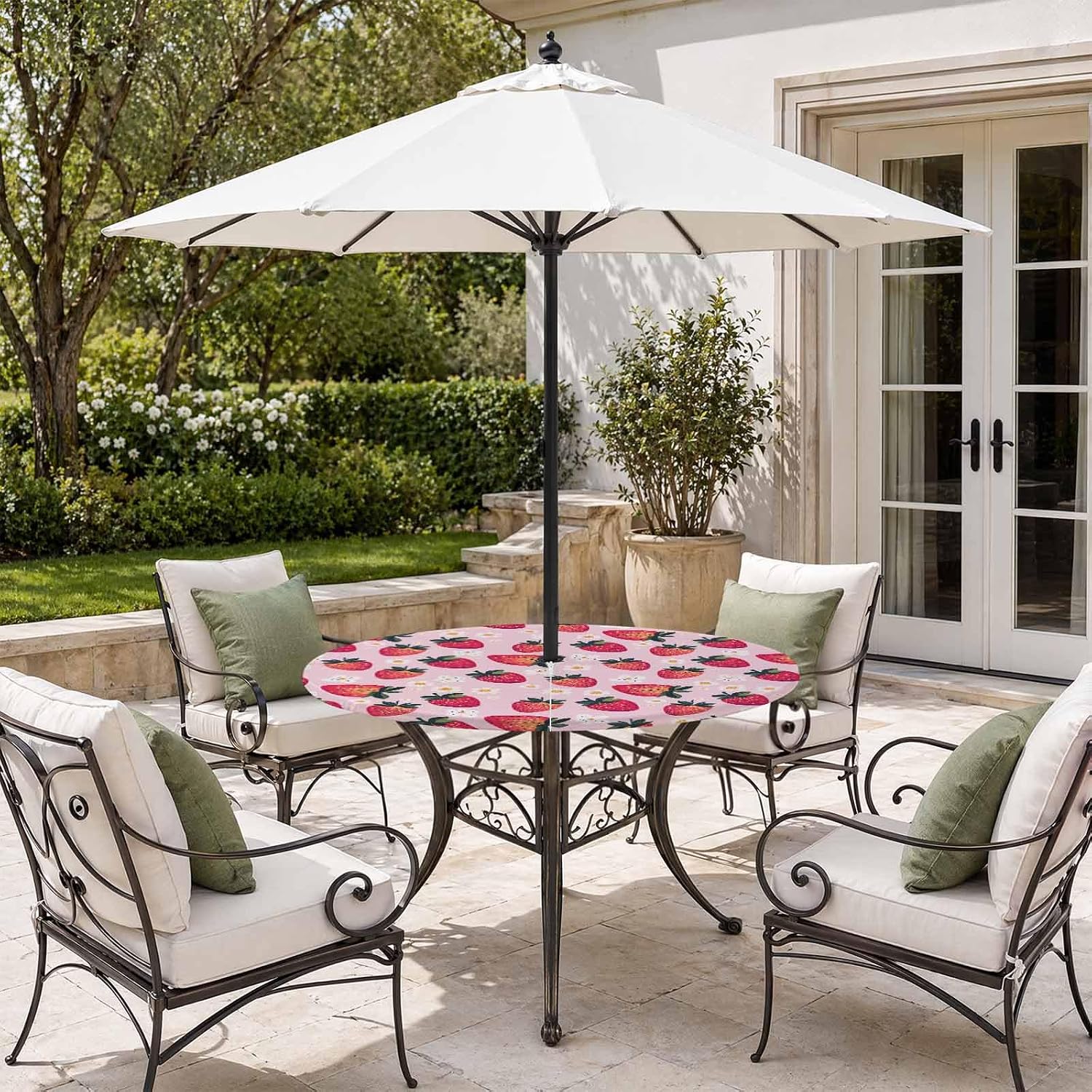 Strawberry Waterproof Outdoor Tablecloth with Umbrella Hole and Zipper,Round Fitted Table Covers with Elastic,Pink Spring Summer Rustic Floral Fruit Patio Table Cloth for Party Fits 55"-60" Tables image 3