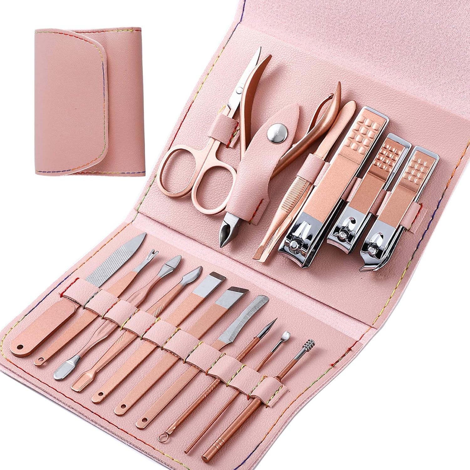 Manicure Pedicure Set,Professional Toenails Cuticle Cutter Clipper Fingernails Grooming Kit-Stainless Steel Nail Clippers Set 16 in 1 Travel case- Nail Care Tools for Men and Women(PINK)