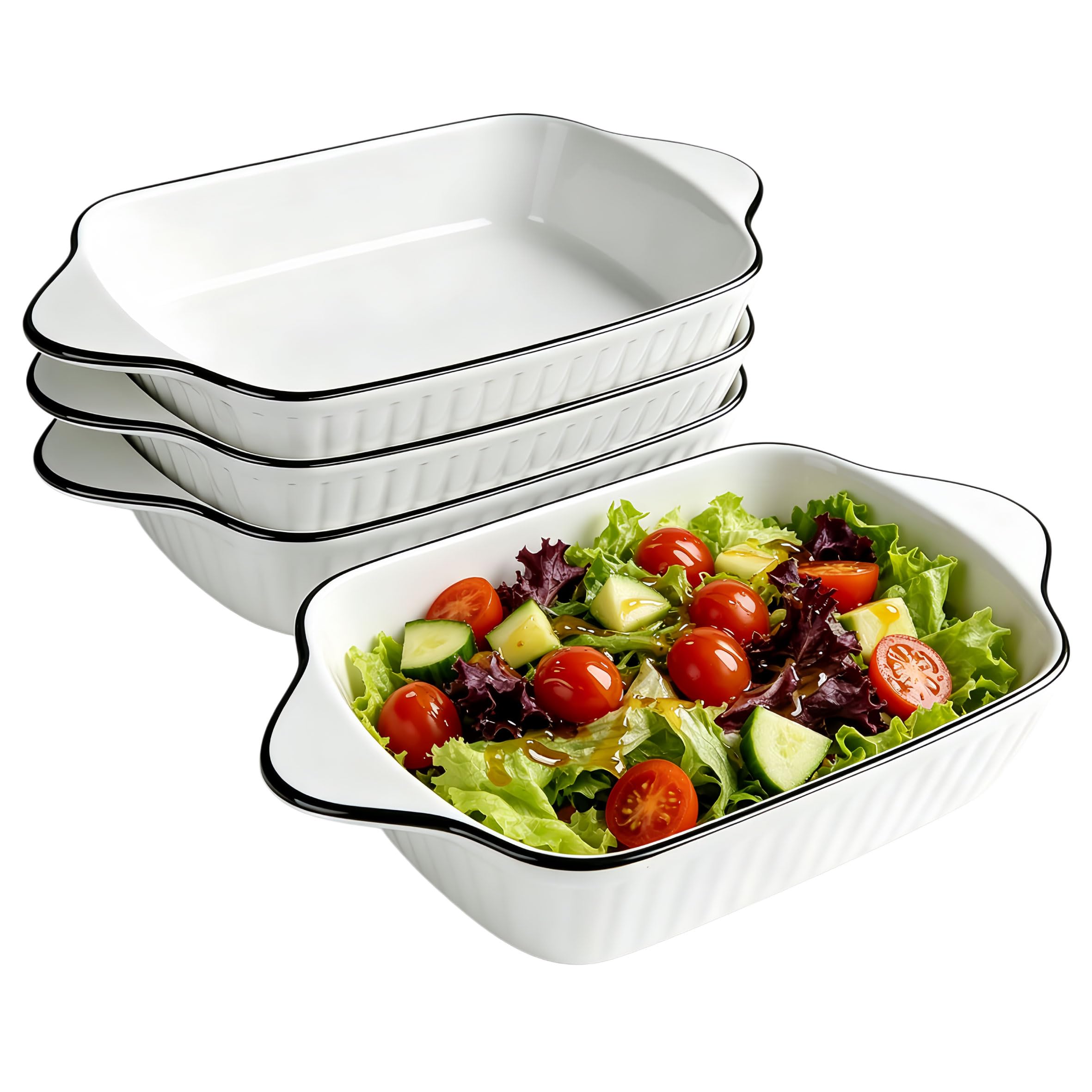 Juego de 4 platos para hornear de 10.5 pulgadas, platos de cerámica rectangulares con asas, para cocinar, hornear, lasaña, aptos para horno y microondas (blanco, 4 piezas)