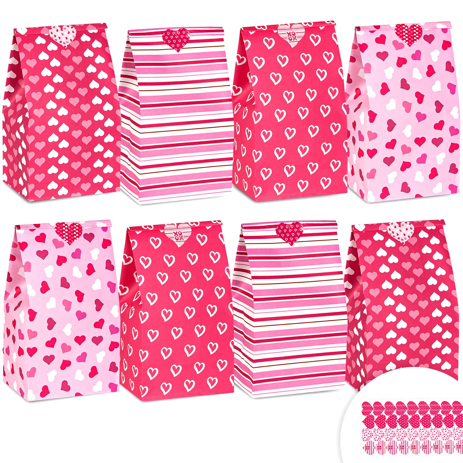 Whaline 36Pcs Valentine’s Day Party Favors Bags with Tag Stickers Heart Love Stripe Wave Dot Wrapped Treat Bags Red Kraft Paper Gift Bags for Christmas Sweetest Day May Day Mothers Day